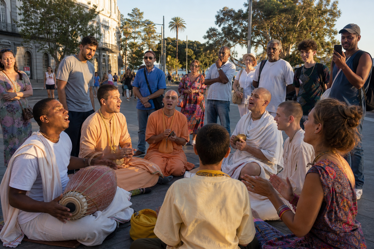 Devotees lead an outdoor call-and-response chant as people from varied backgrounds gather in an open city plaza.