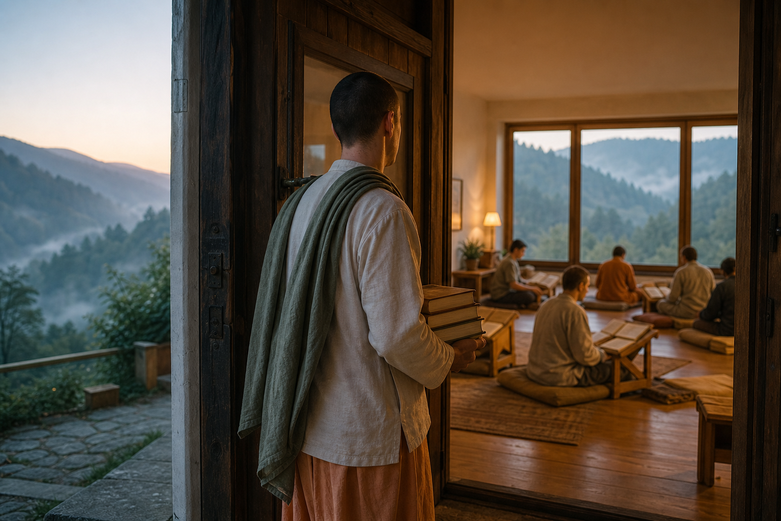 A student holding clothbound books pauses at the doorway of a mountain ashram study hall at dawn.