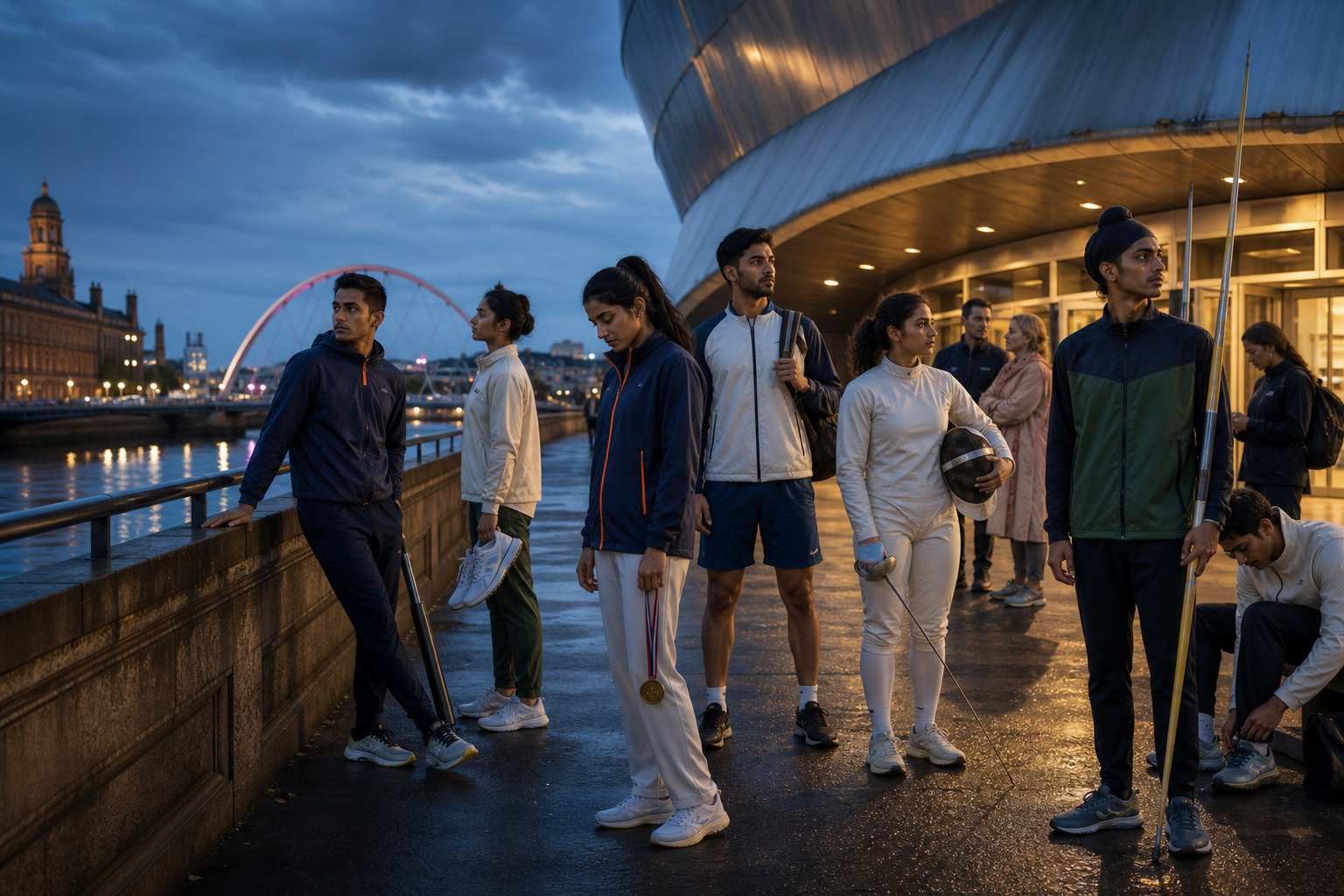 A group of Indian athletes with medals and sports equipment stands outside a Glasgow arena near the River Clyde at blue hour.