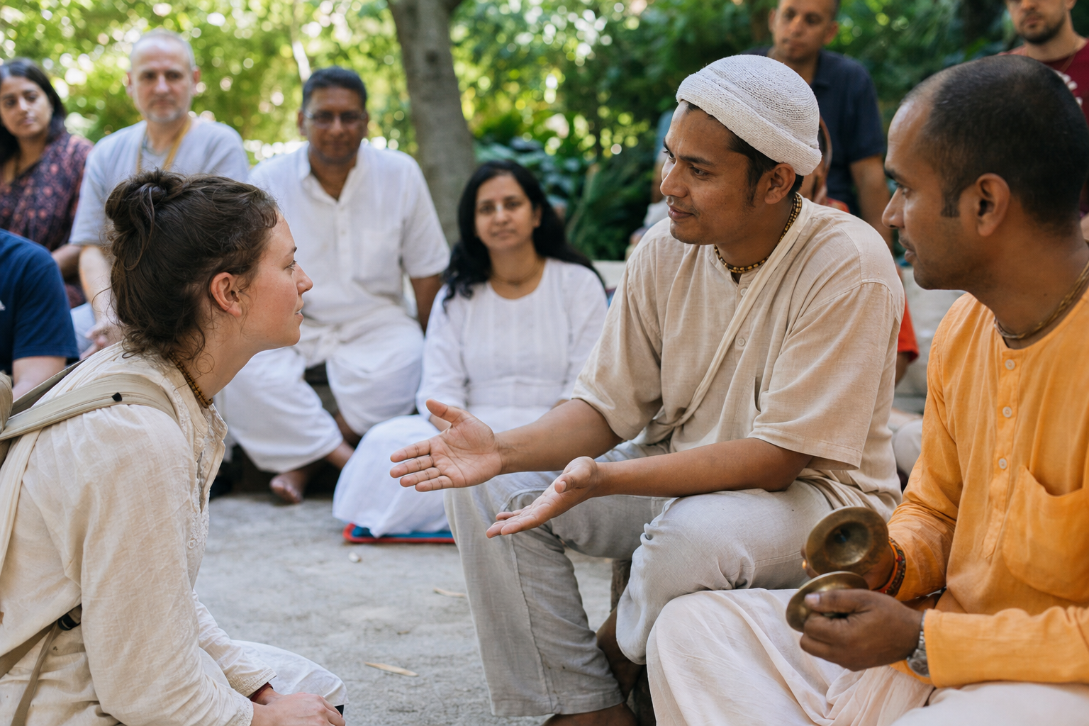 A facilitator gently introduces a first-time guest to a chanting circle while a participant plays hand cymbals nearby.