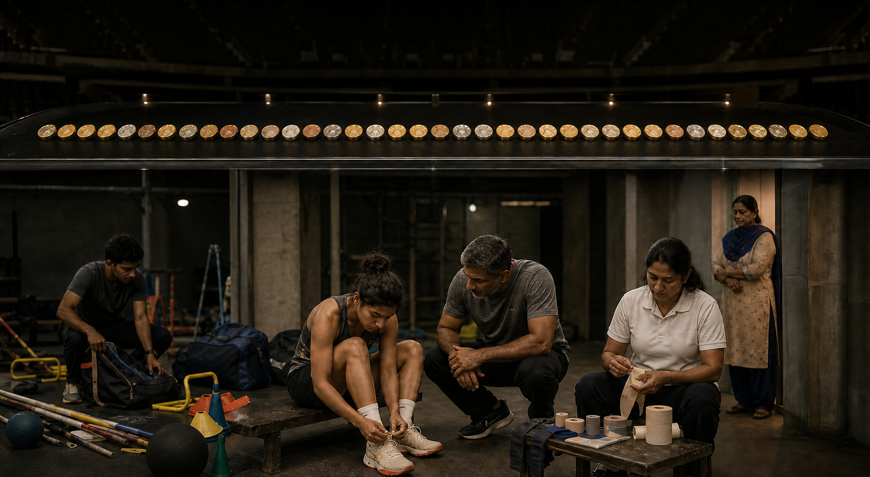 Unmarked medals rest above a cutaway scene of an athlete, coach, physiotherapist, family member, and volunteers preparing behind the scenes.