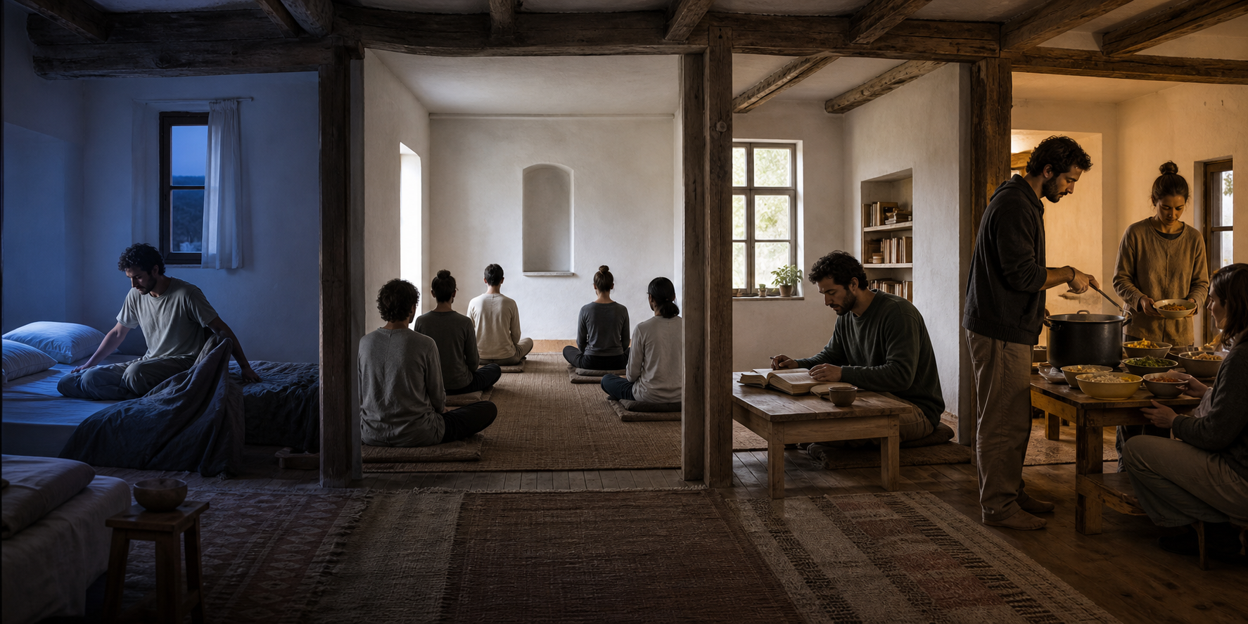 Residential students follow a daily rhythm of early practice, scripture study and communal meal service in a simple ashram.