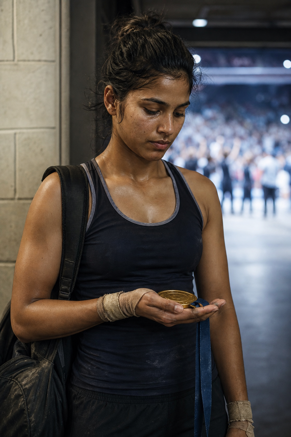 A fictional Indian woman athlete stands in a quiet arena corridor holding a gold-colored medal in her open palm.