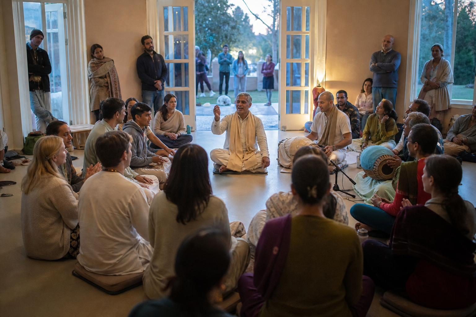 Newcomers, regular participants, and observers form open layers around musicians during a gradual call-and-response chant.