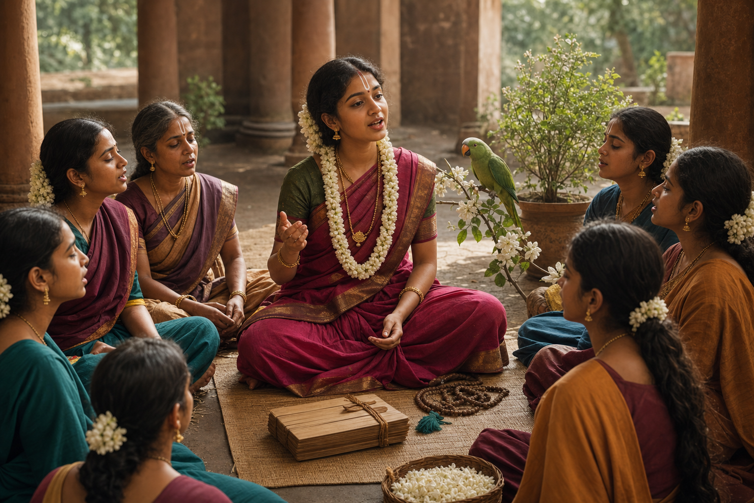 Andal recites in a temple courtyard as women and girls listen, with a green parrot perched close beside her.