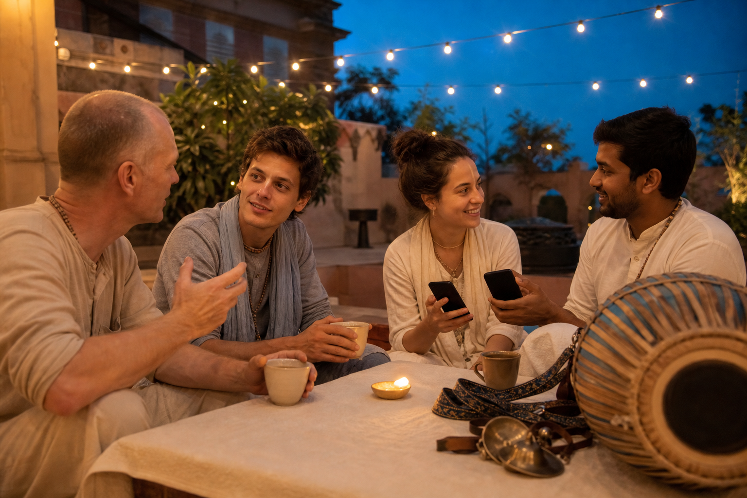 Participants continue their conversation over tea after chanting, with devotional instruments resting nearby.