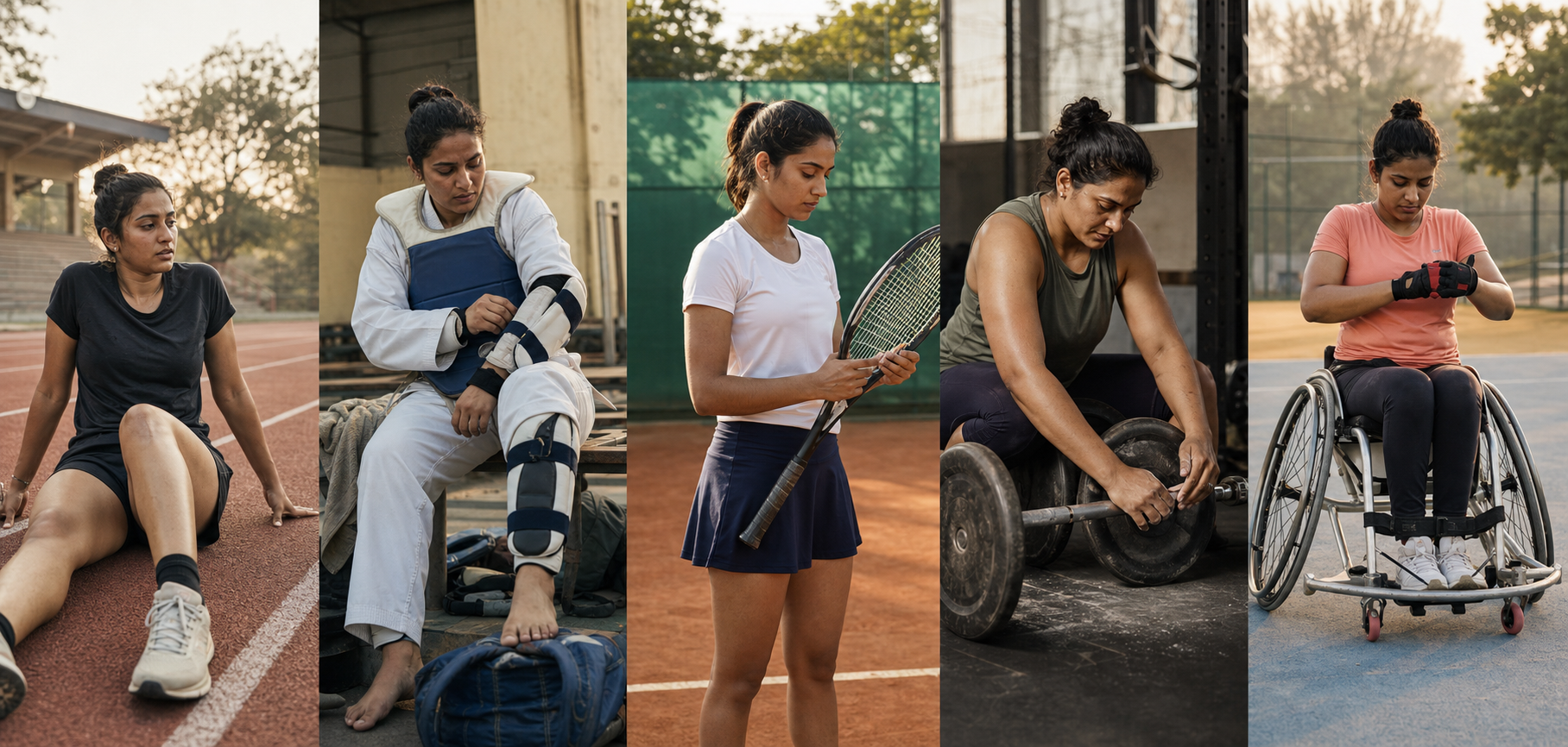 Five fictional Indian women athletes from different sports prepare and rest in separate areas of a shared training complex.