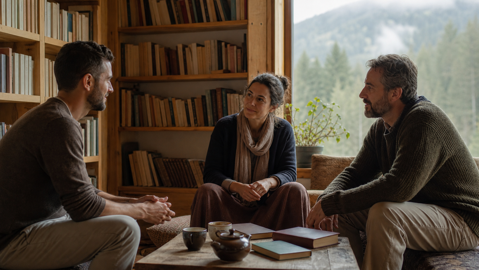 A prospective student speaks with two educators during a seated interview in a quiet ashram library.