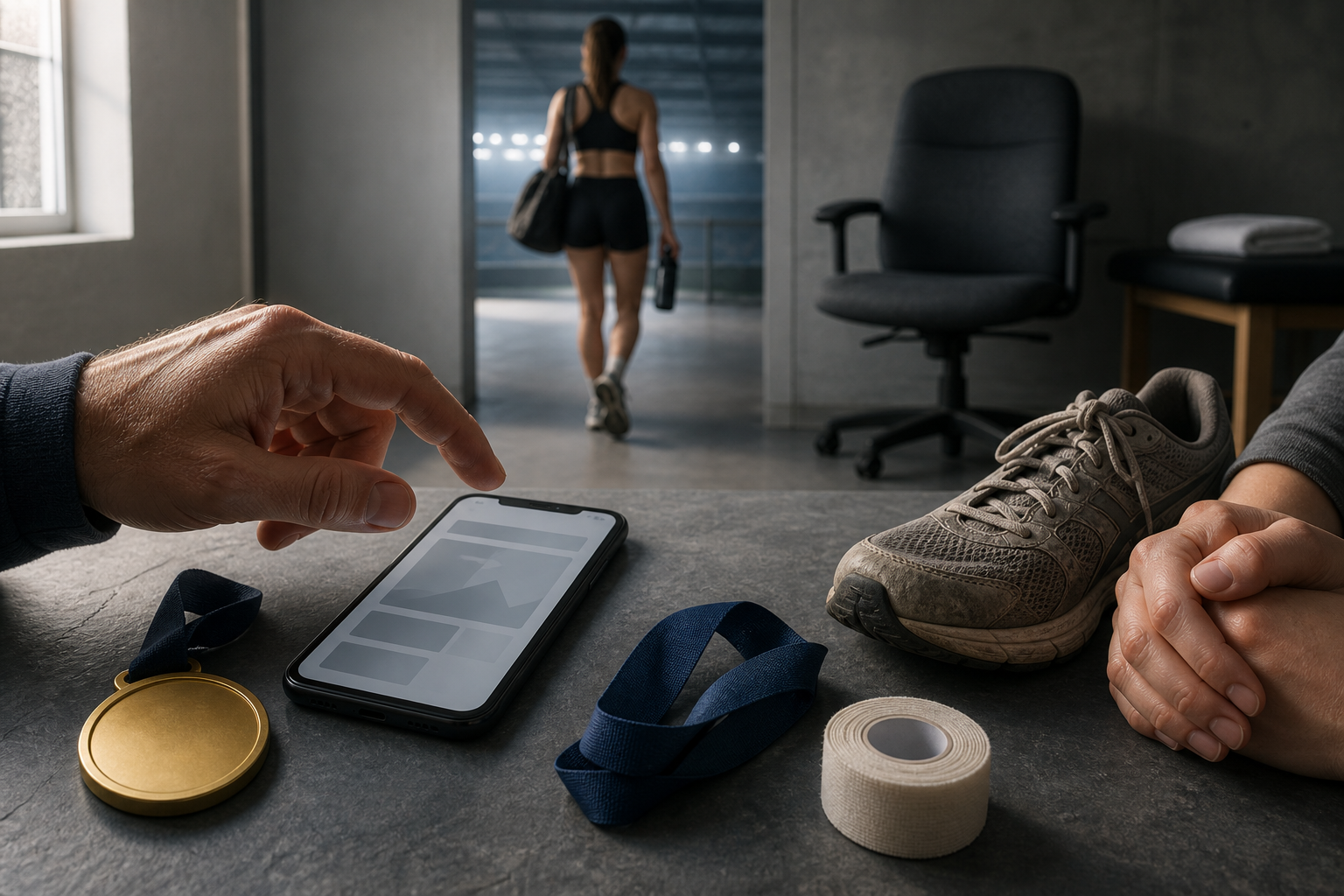 A hand pauses over a blank-interface smartphone beside a medal, worn shoe, medical tape, clasped hands, and an empty office chair.