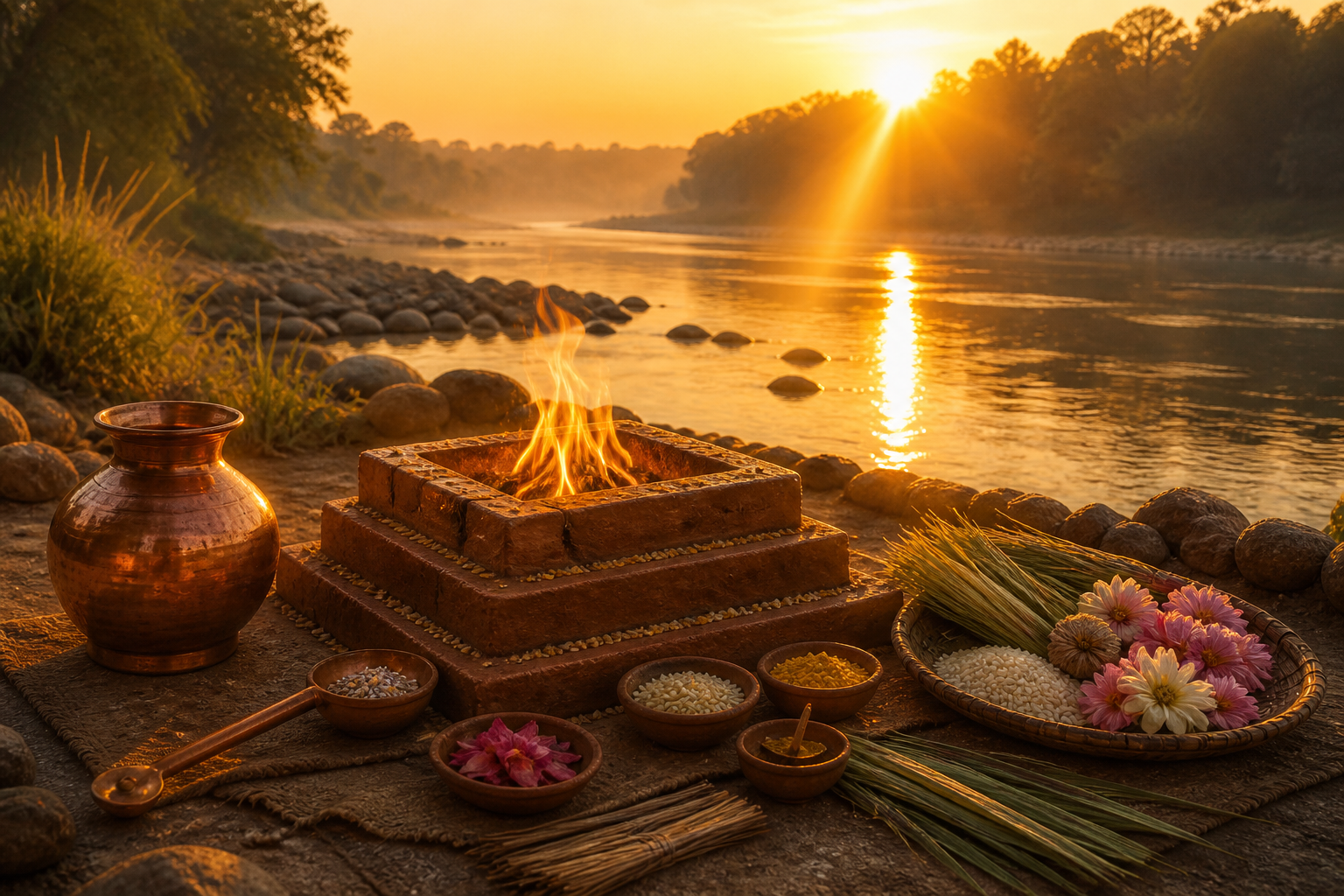 Sunlight falls across a burning Vedic altar and ritual offerings on a riverbank, with the river glowing in the background.