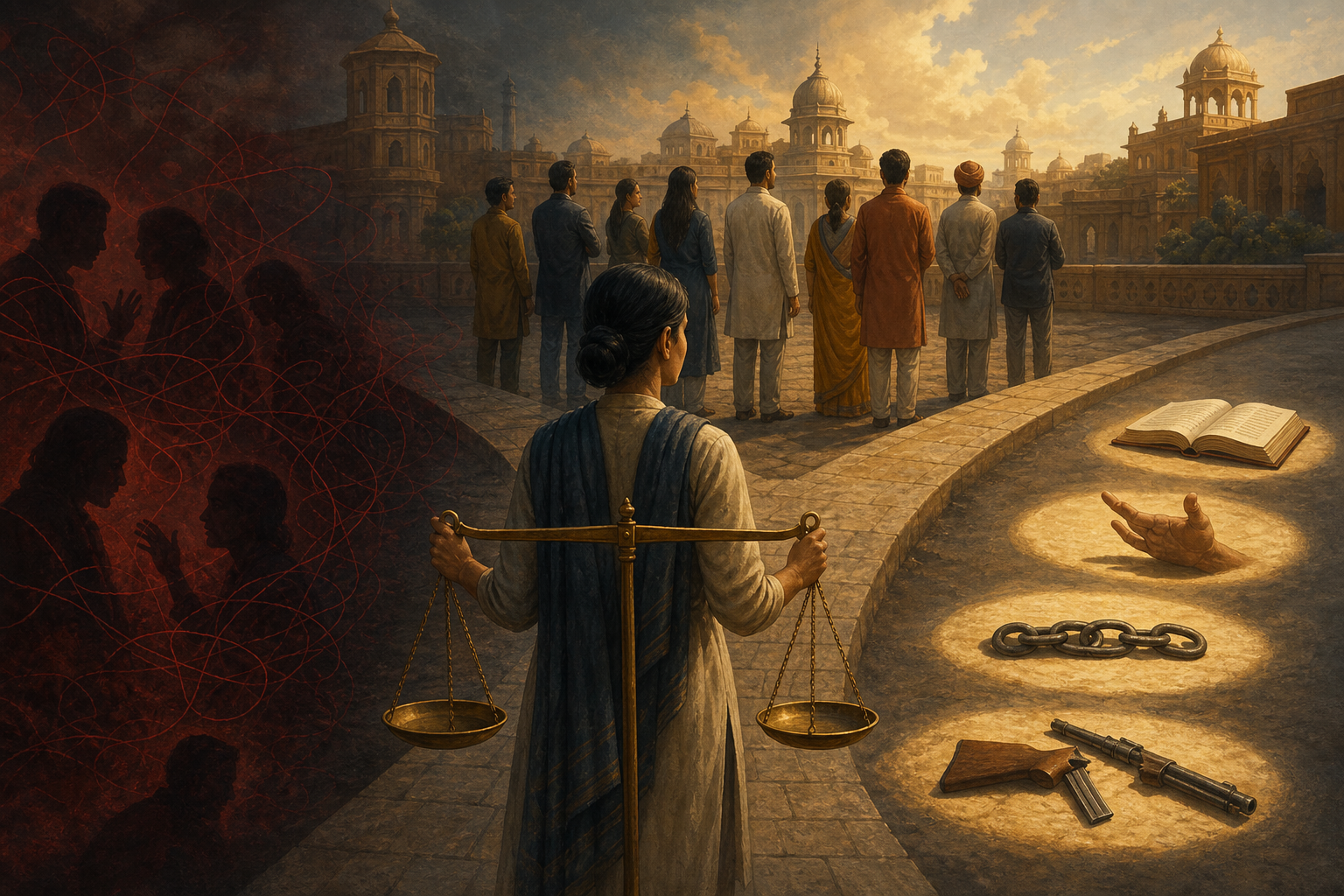 An observer holds a balanced brass scale between a group of people and four separated symbols representing thought, speech, support, and violence.