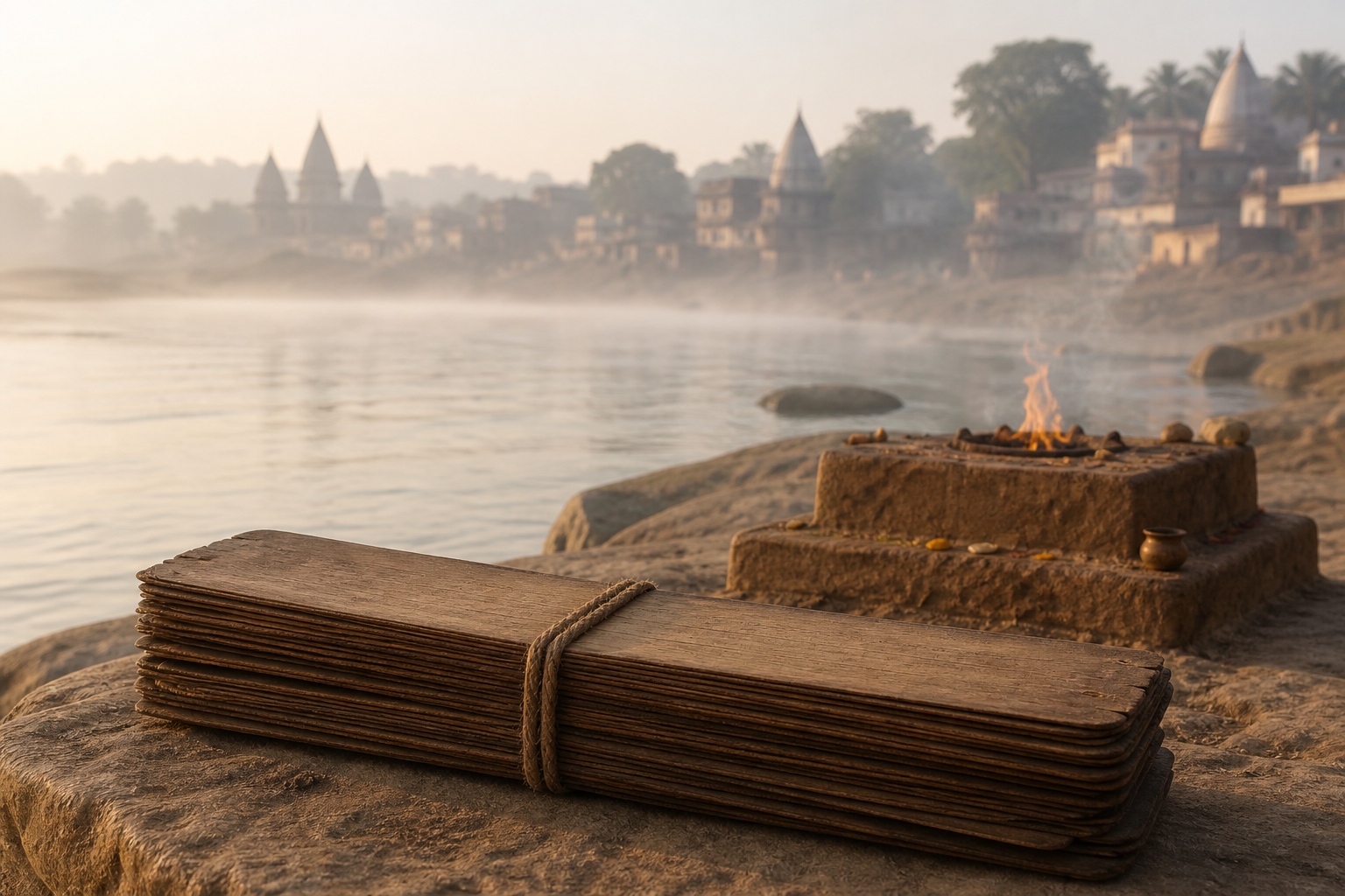 Palm-leaf manuscript folios lie in the foreground, with a fire altar by a river behind them and hazy modern shrine buildings in the distance.