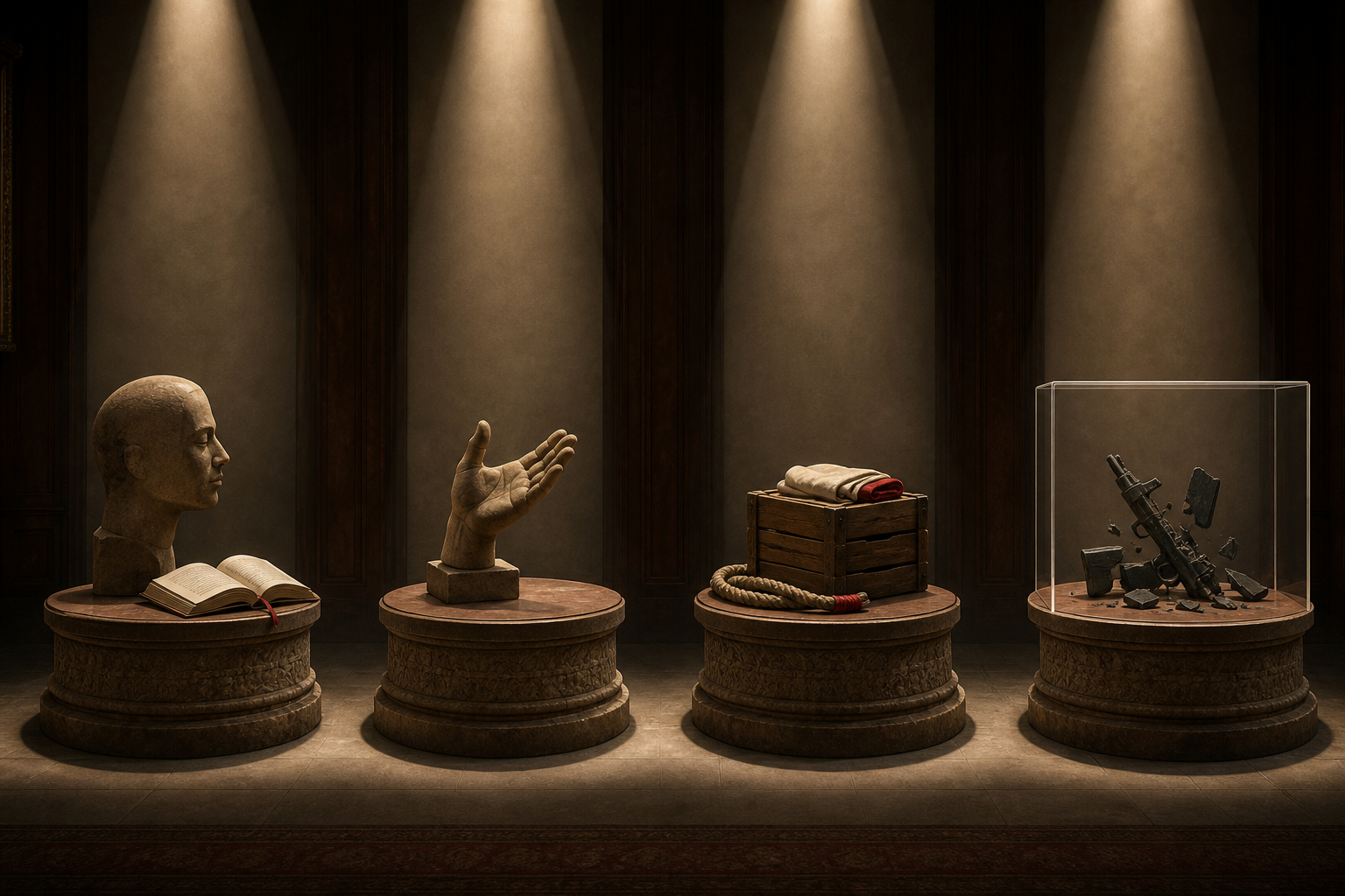 Four isolated display platforms hold an open book, a speaking hand sculpture, a supply crate with cord, and a broken weapon behind a barrier.