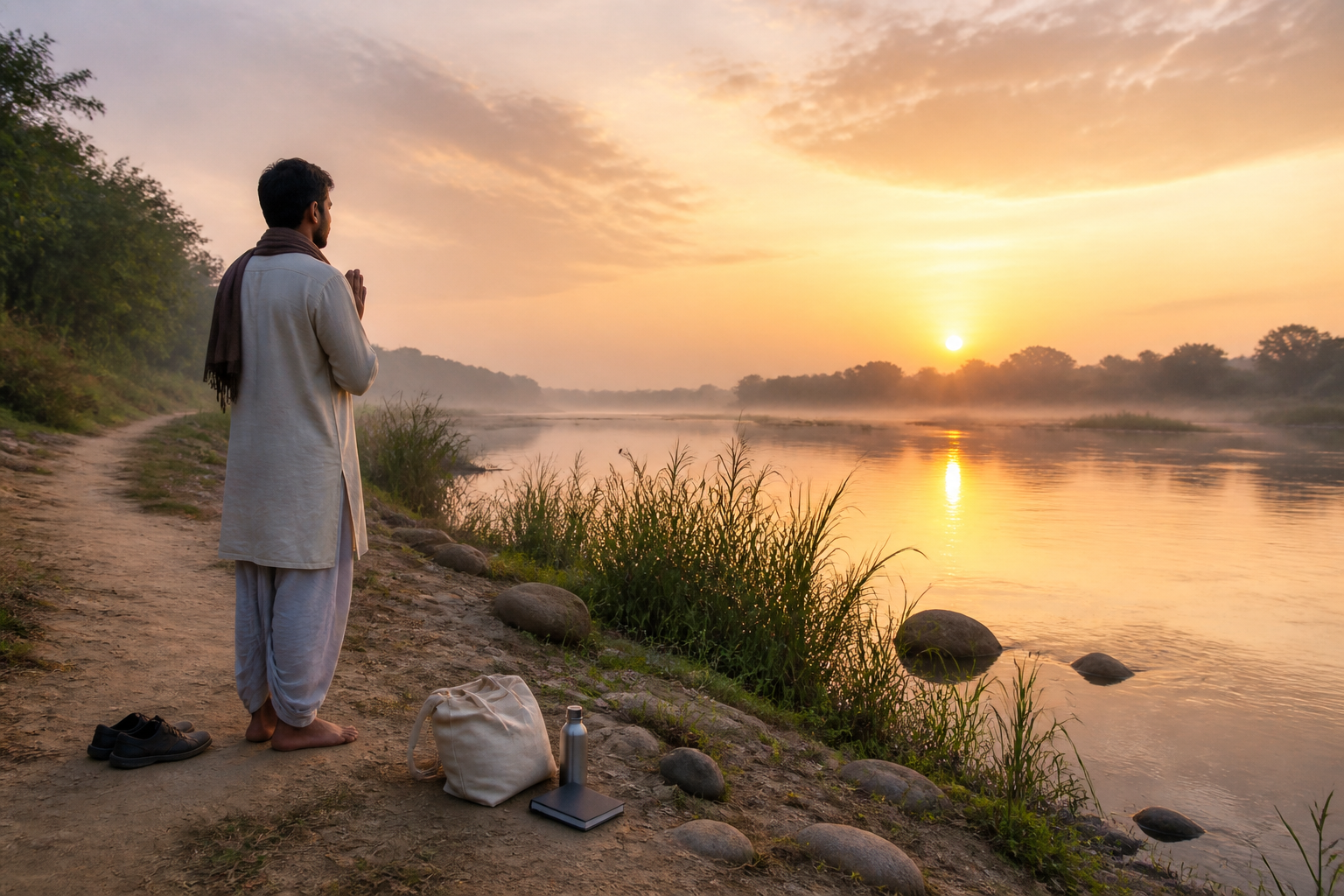A pilgrim with joined hands stands barefoot beside a quiet river at sunrise, with a cloth bag, closed notebook, and water vessel nearby.