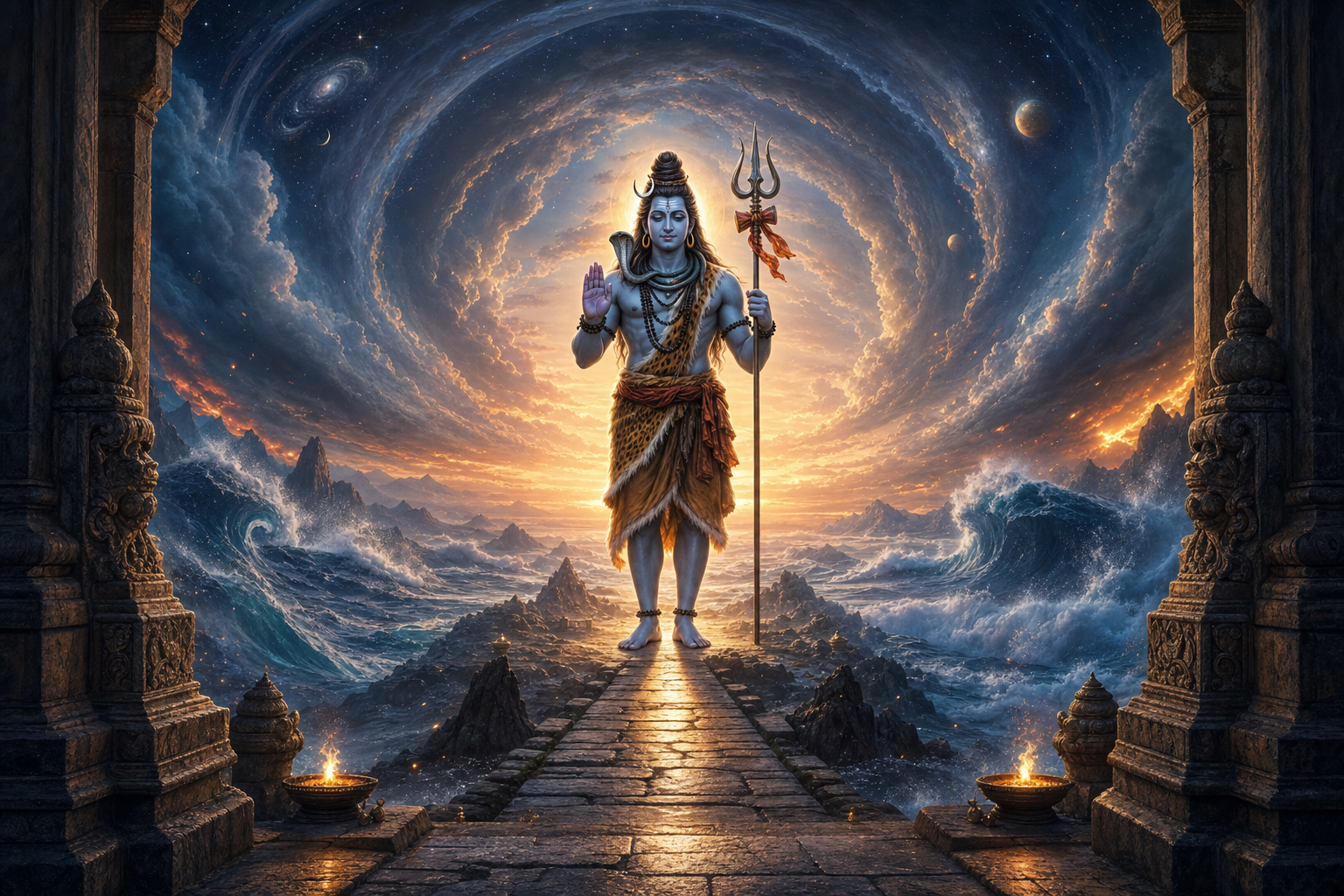 Shiva stands calmly with a raised hand and trident at the center of circling storm clouds, waves, embers, and stars, with a lit path passing through a stone threshold in the foreground.