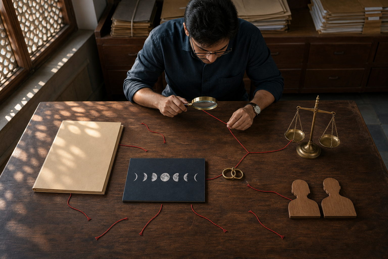 A seated researcher uses a magnifying glass to inspect a red thread connecting several unmarked evidence objects on a wooden desk.