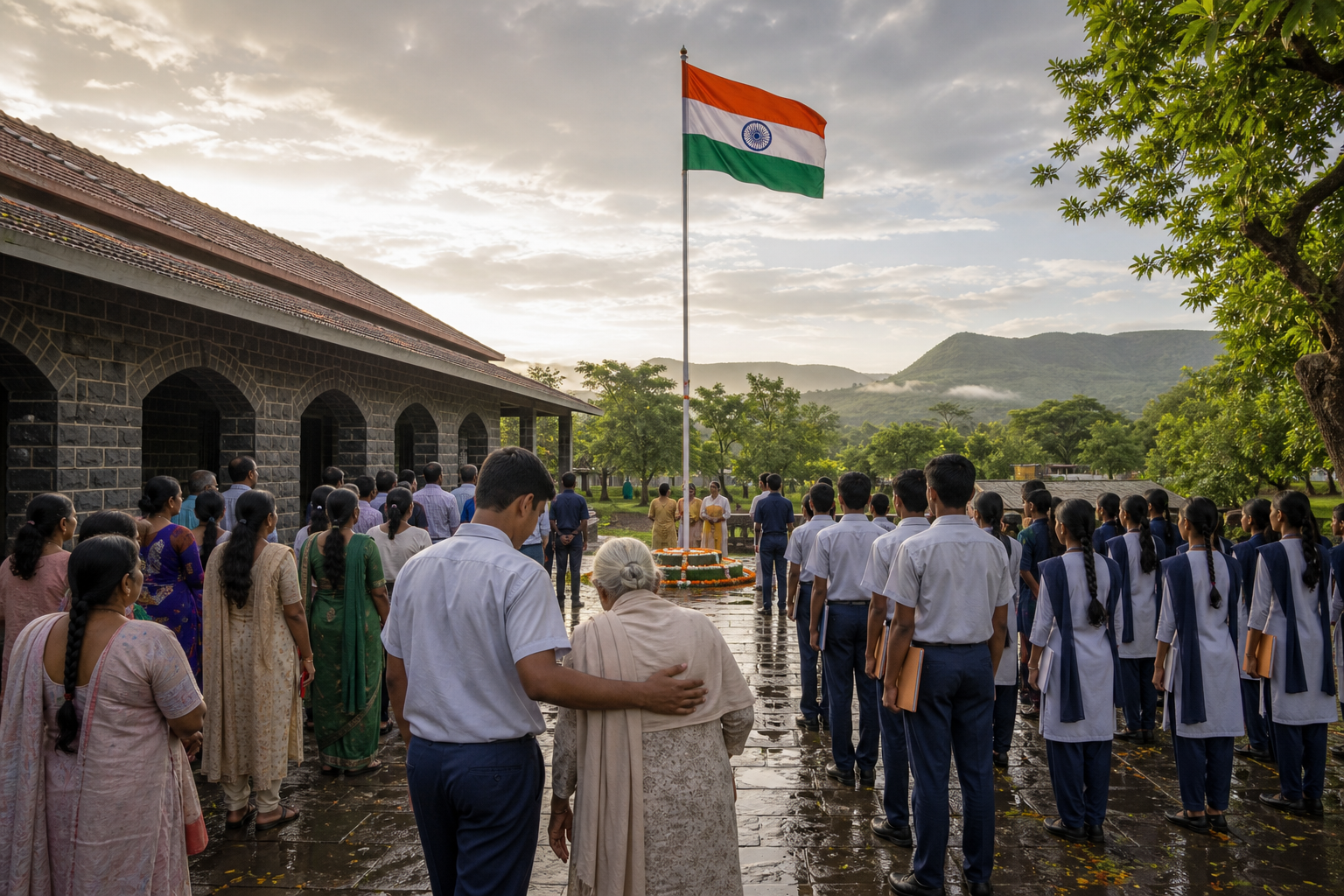 Students, teachers and families attend a morning Independence Day flag ceremony in a Maharashtra school courtyard surrounded by monsoon greenery.
