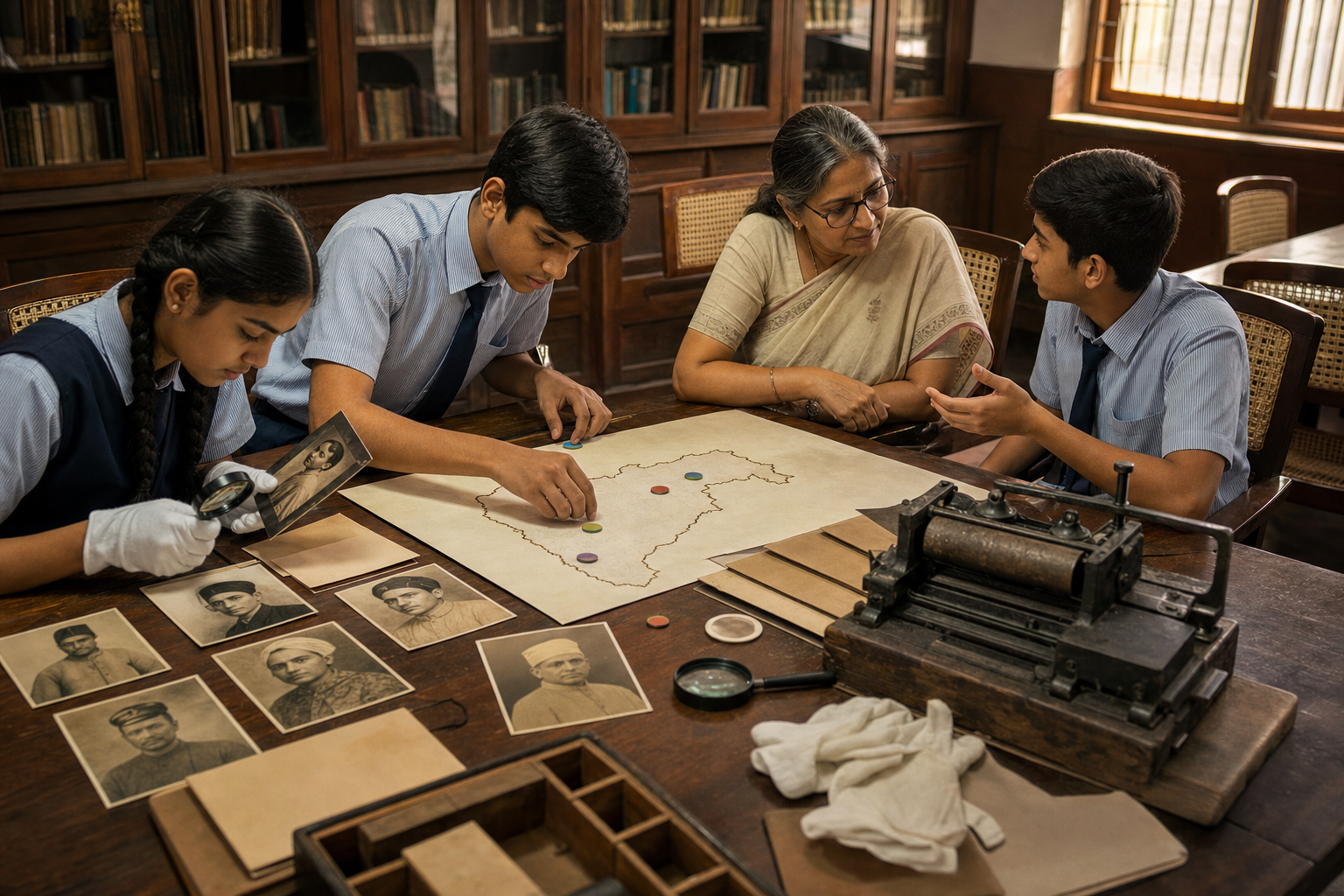 Maharashtra students examine archival-style photographs, documents and an unlabeled state map during a school freedom-history research activity.