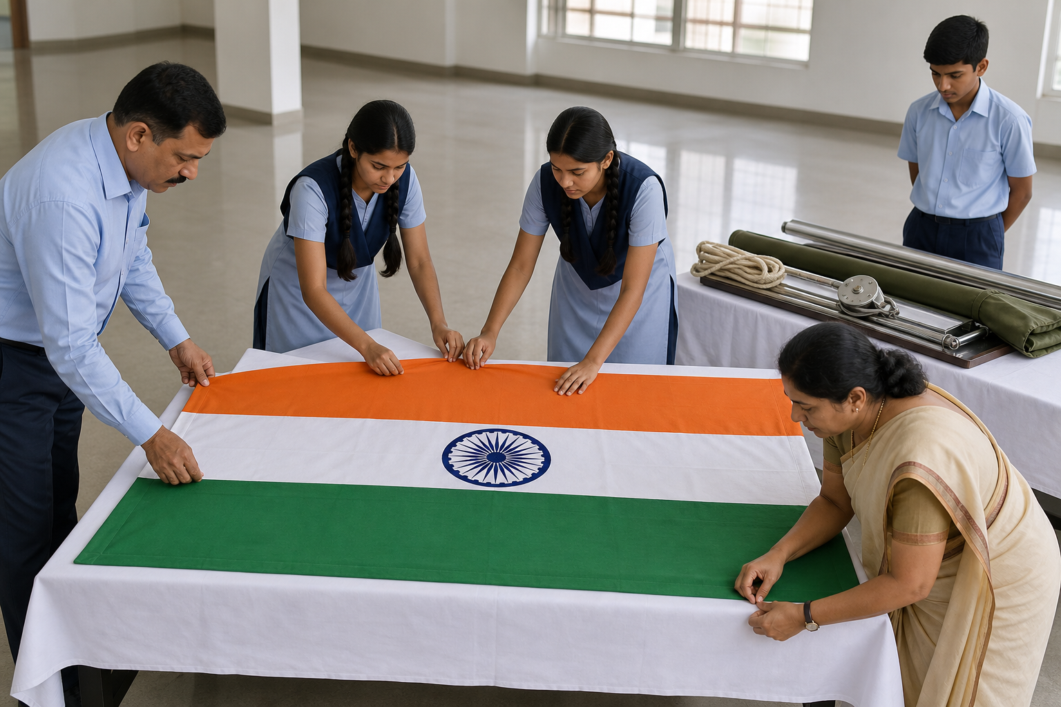 School staff and student volunteers inspect a properly arranged Indian National Flag, halyard and pole fittings before a ceremony.
