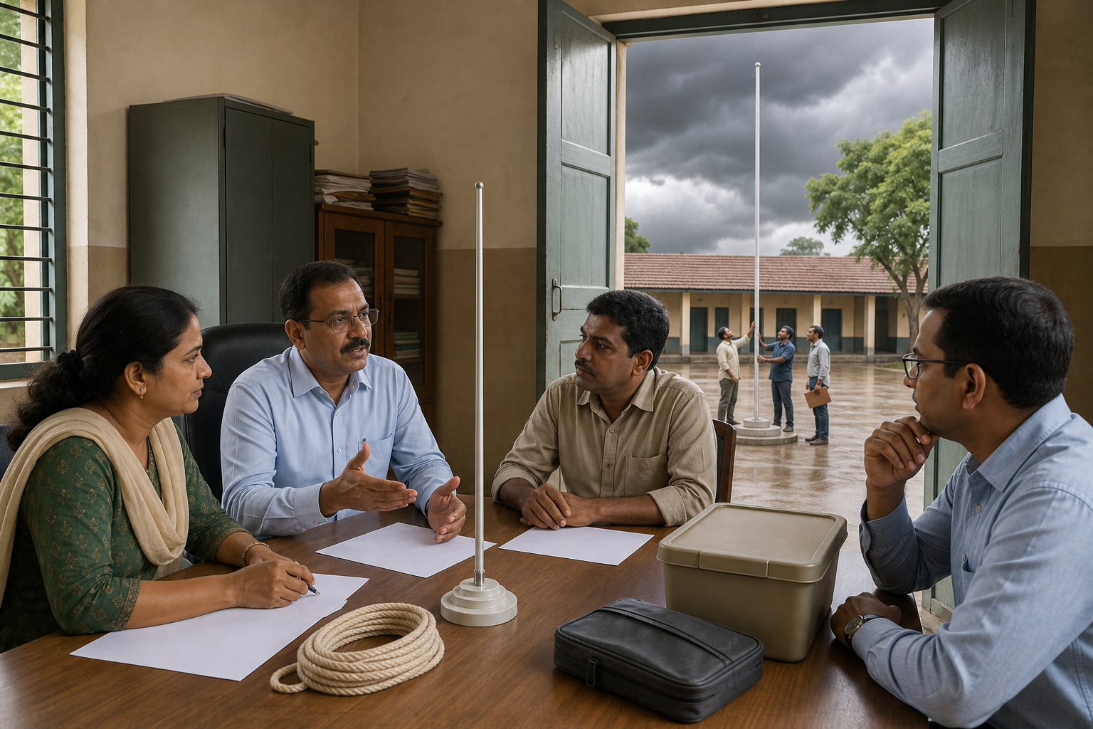 A school principal, staff members and a civic official coordinate flagpole, weather and equipment preparations before an Independence Day programme.
