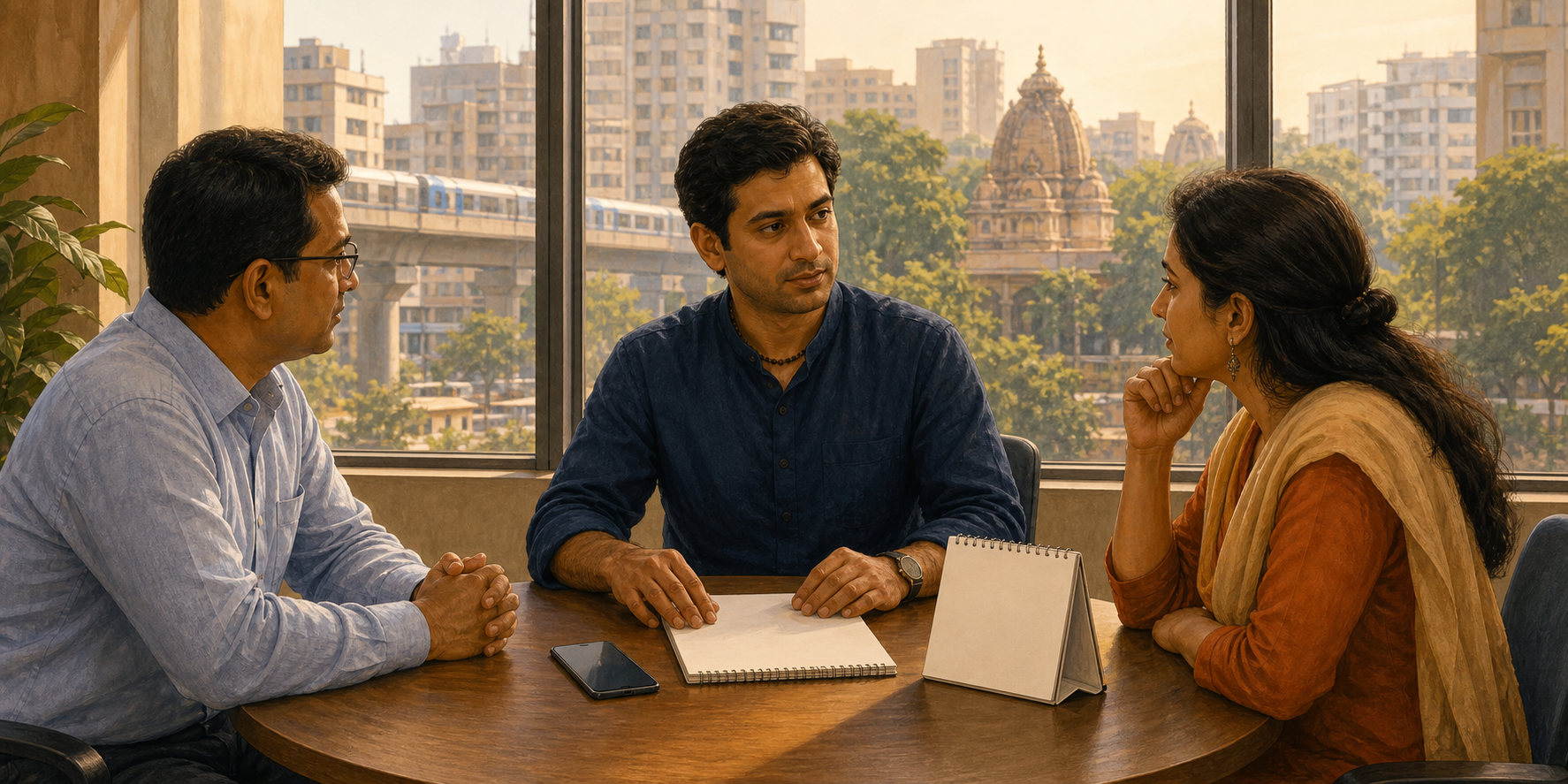 An Indian professional wearing a Rudraksha necklace discusses a dispute with two people at a table in a modern urban setting.