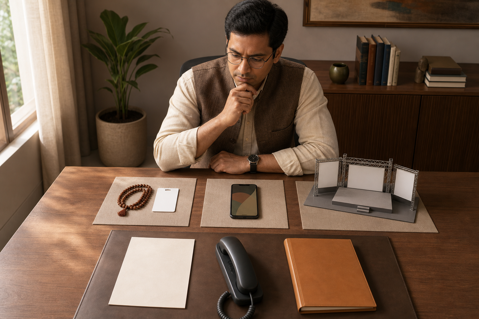 A person examines a Rudraksha necklace, a phone, and an event-stage model before choosing among several response tools.