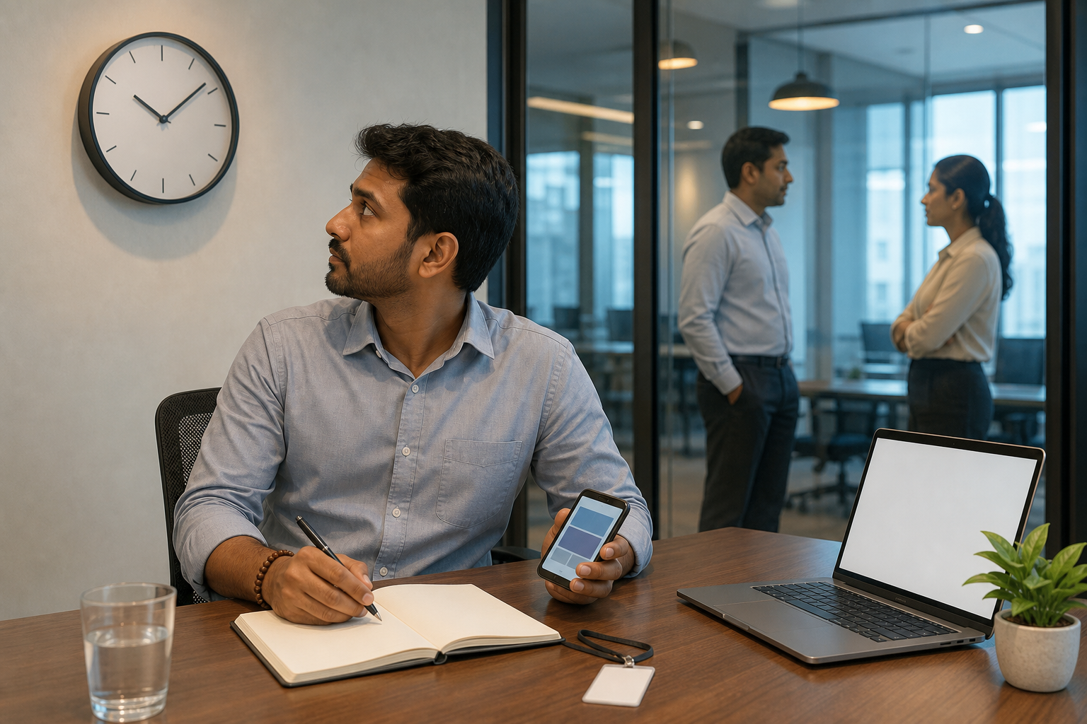 An employee wearing a Rudraksha bracelet records details in a notebook inside a modern Indian office meeting room.