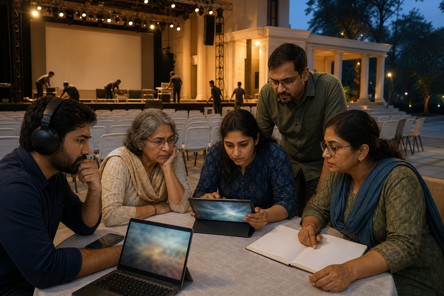 Community members and an event organiser review digital source material together beside an orderly auditorium stage.