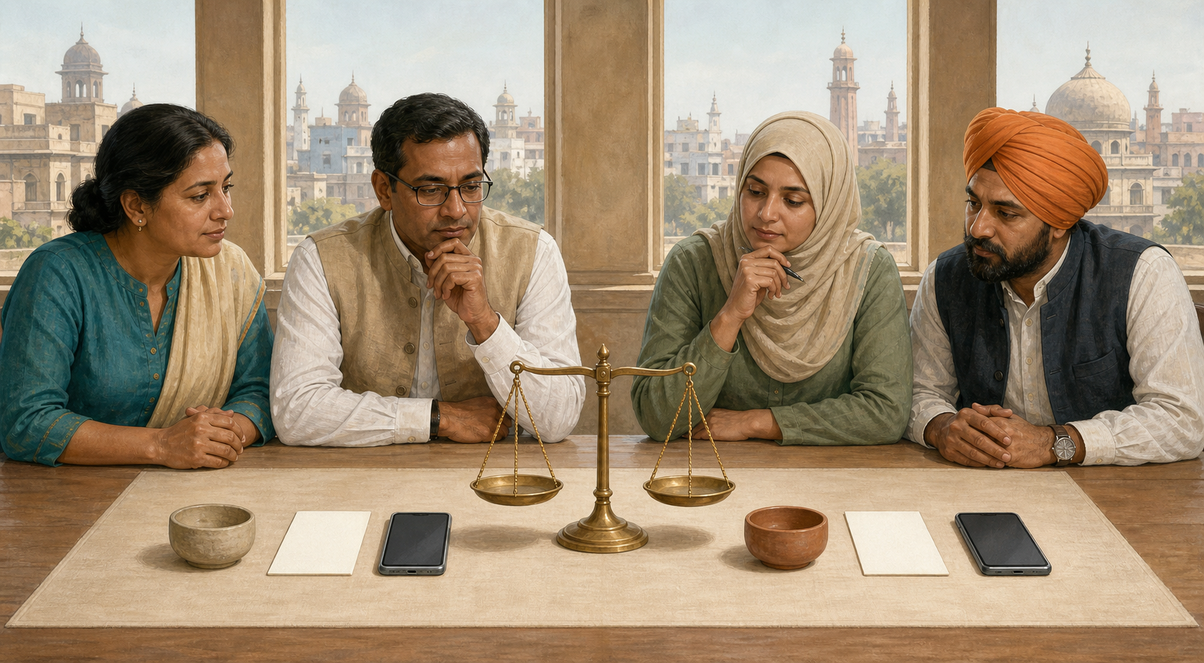 A diverse mediation panel reviews two sets of case materials arranged evenly around a balanced brass scale.