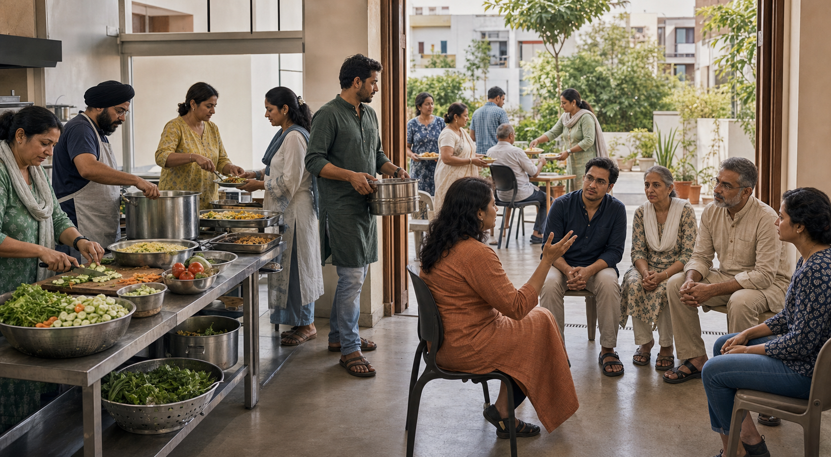 Volunteers prepare and serve a community meal while a small open circle nearby listens to one participant at equal eye level.
