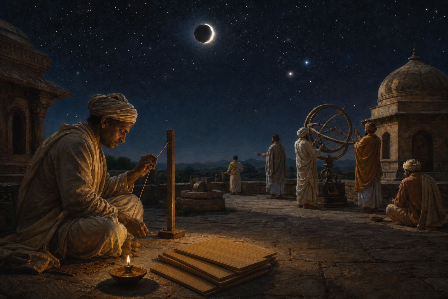 Scholars observe the Moon, planets, and stars from a stone terrace using a gnomon, measuring cord, and armillary-style instrument.