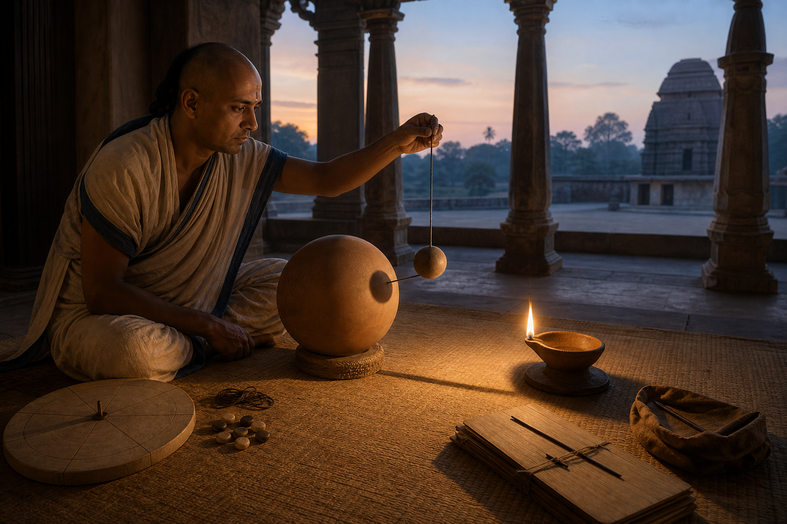 An ancient Indian mathematician studies an eclipse model made from an oil lamp, a clay sphere, and a smaller suspended ball.