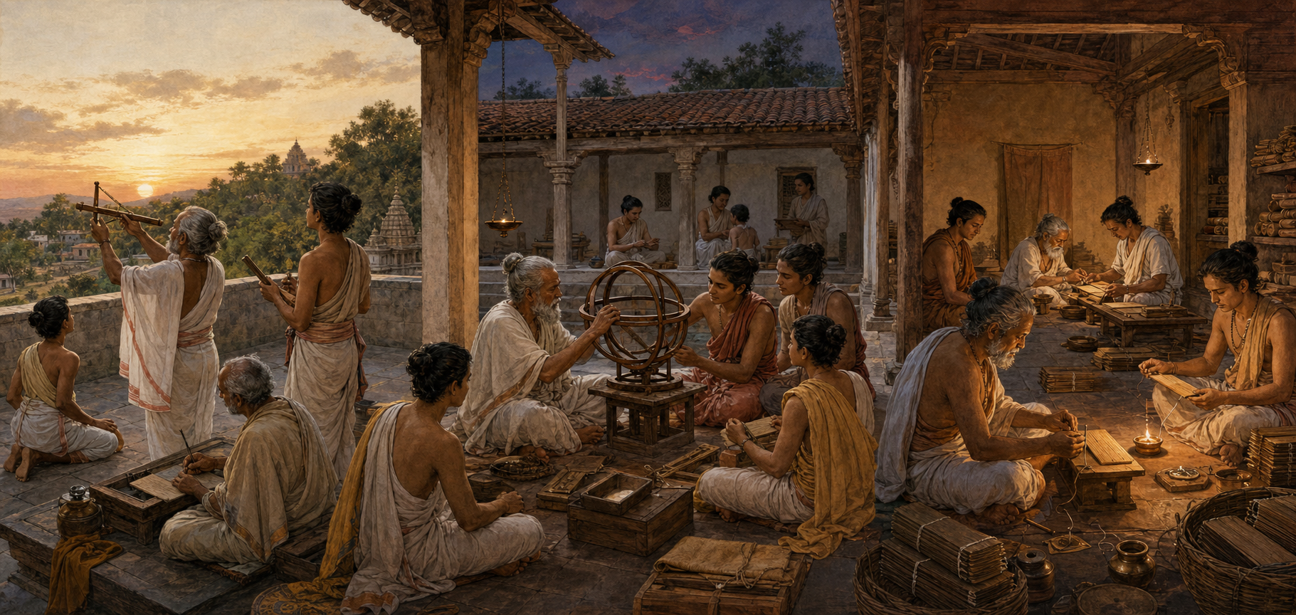 Several generations of scholars observe the sky, use measuring instruments, and prepare palm-leaf folios in connected workshop spaces.