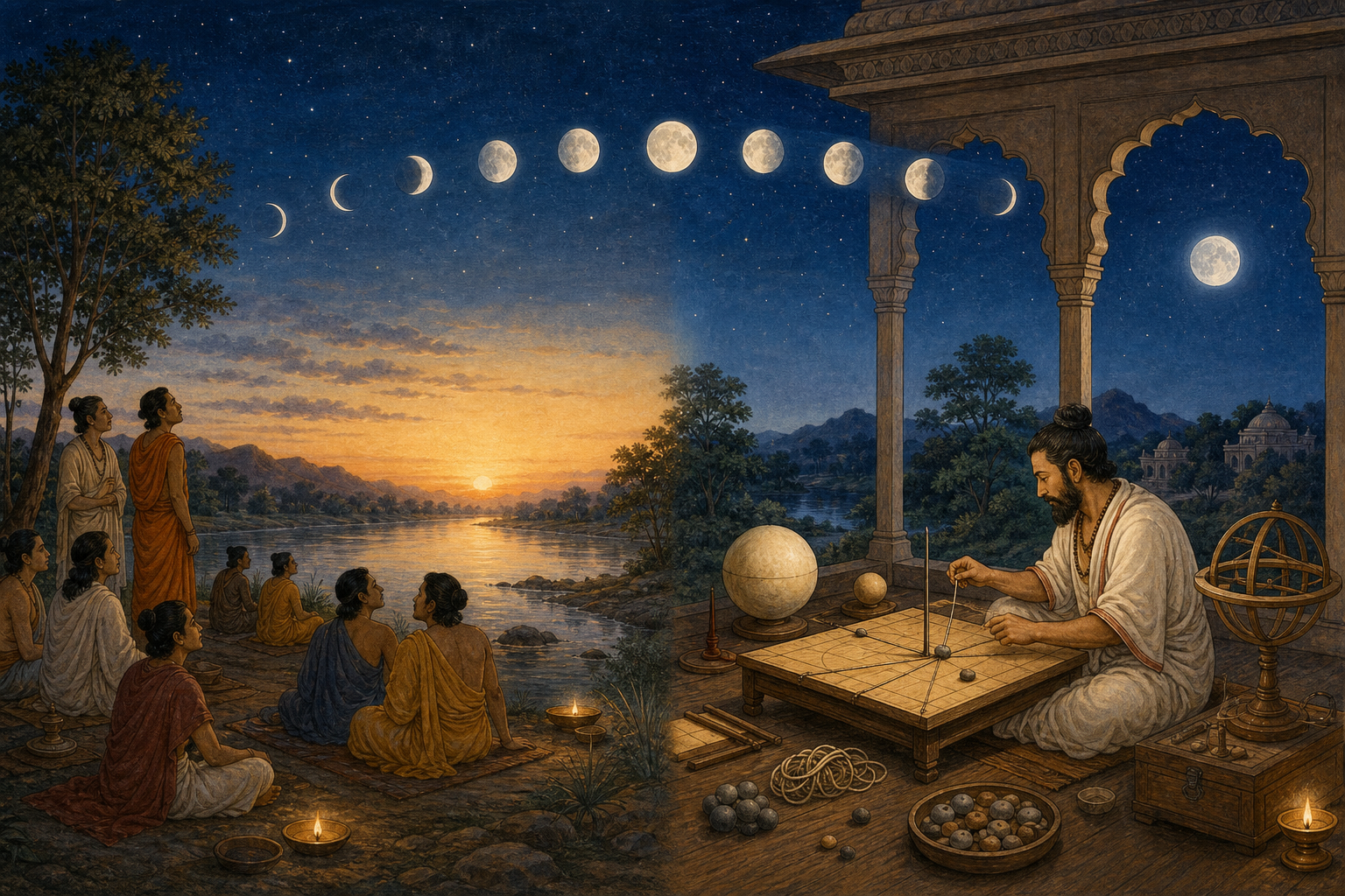 A split scene pairs an early riverside group contemplating the sky with a later scholar measuring celestial motion using simple instruments and models.