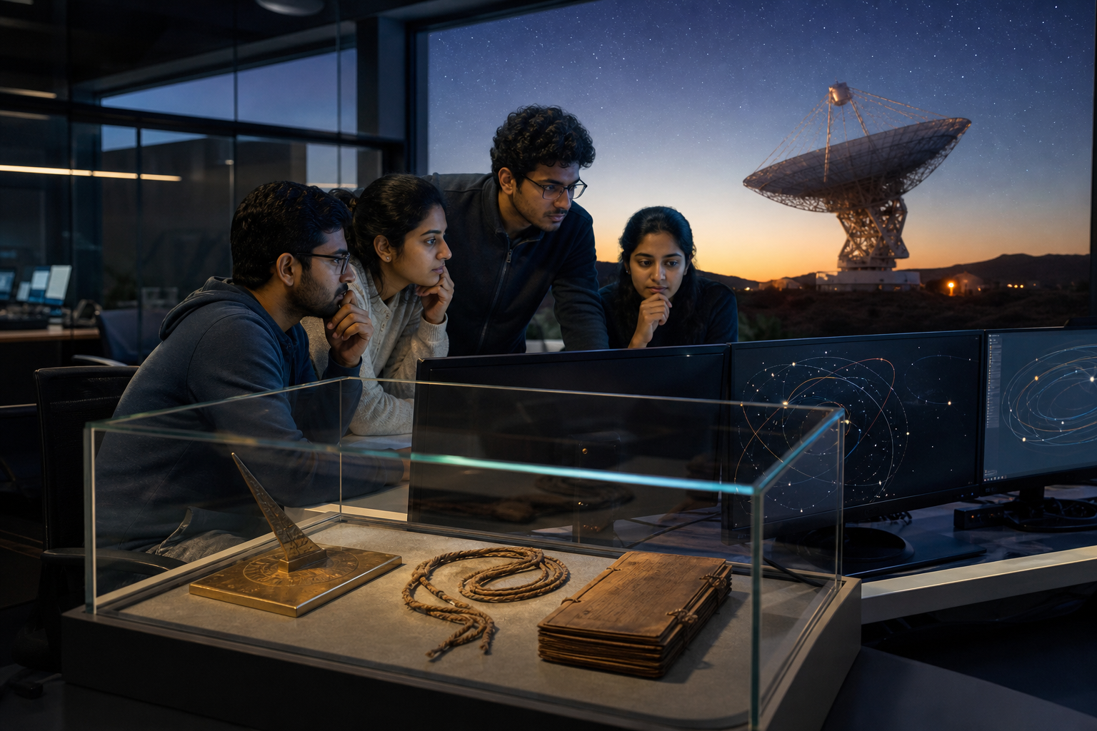Researchers work in an unbranded observatory control room beside a display of historical astronomical instruments, with a radio telescope outside.