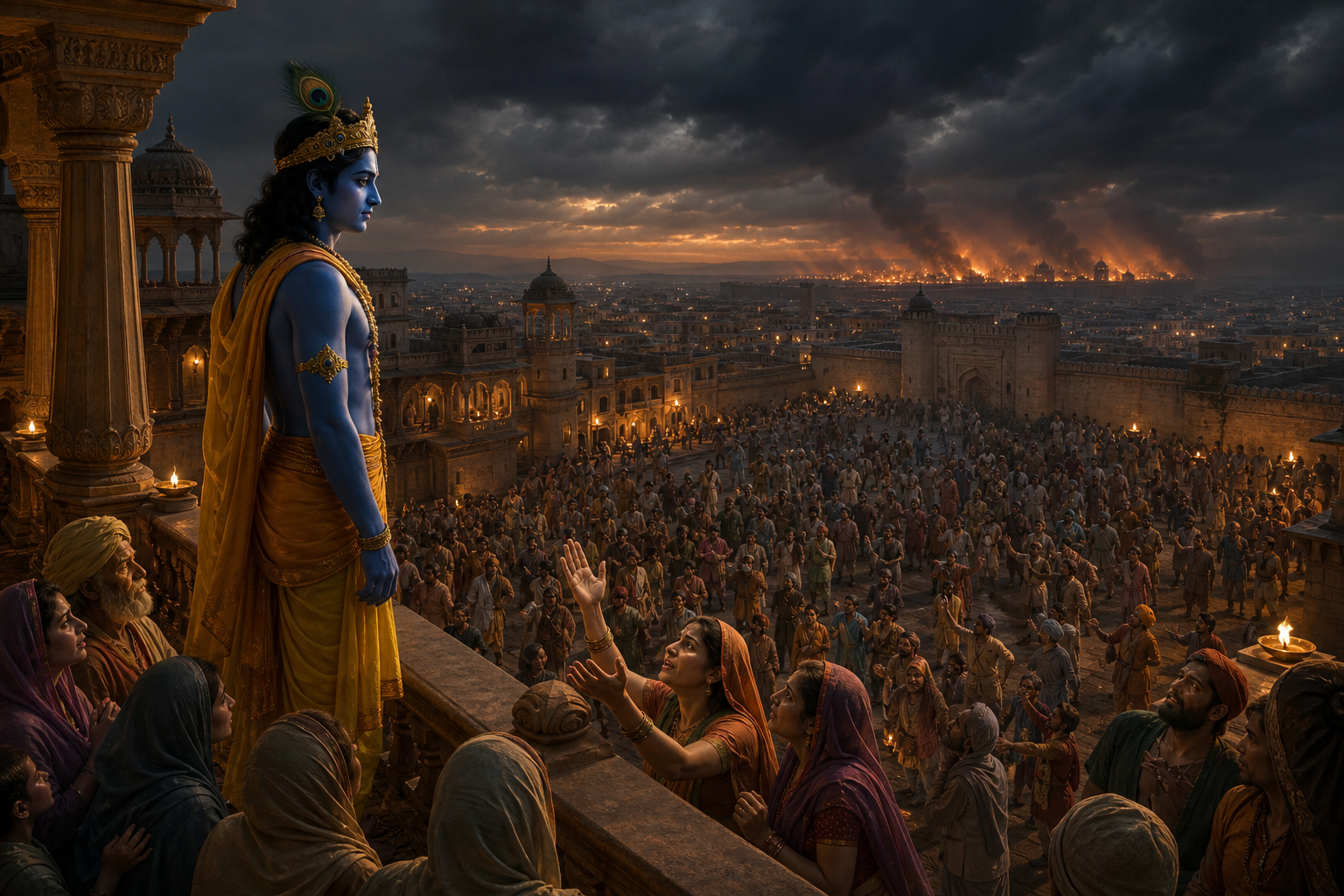 Krishna stands above ancient Mathura as divided citizens gather below and the glow of an approaching siege appears beyond the city walls.