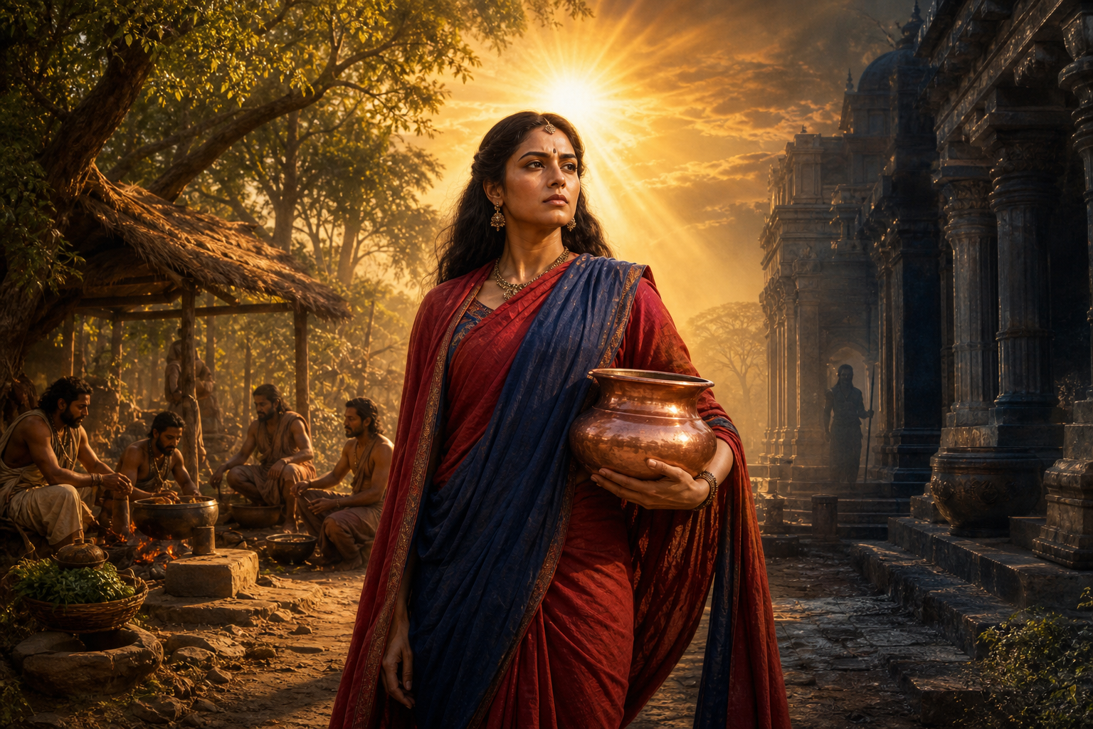 Draupadi stands between a forest dwelling and shadowed palace pillars, holding a copper vessel beneath a radiant rising sun.
