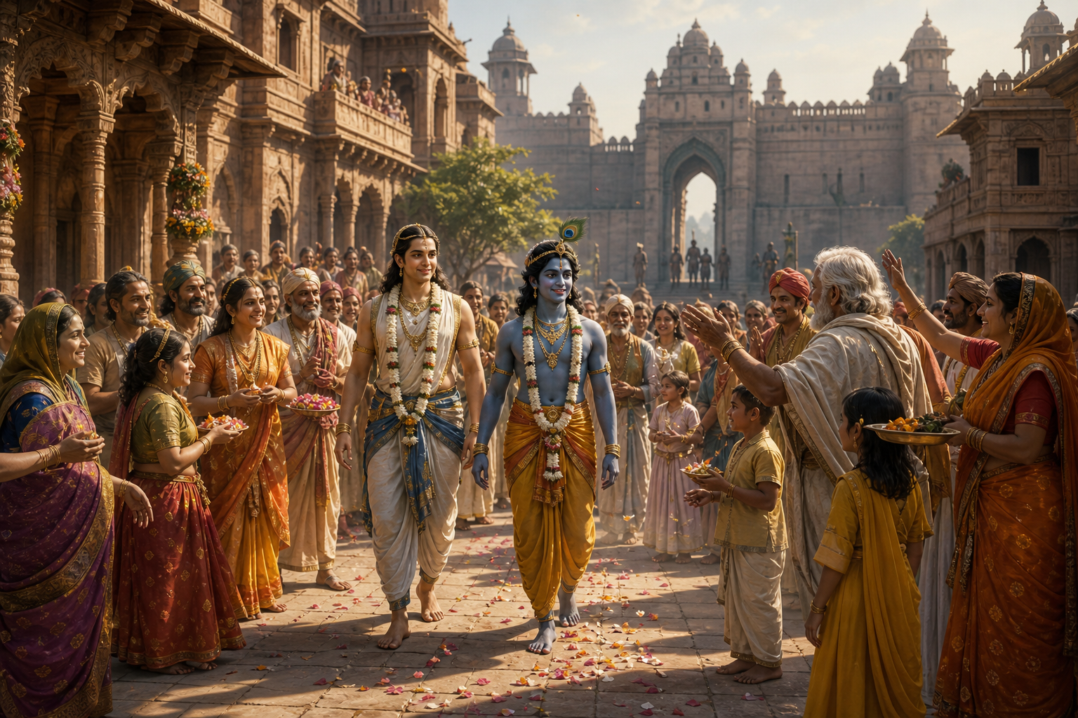 Citizens of ancient Mathura welcome Krishna and Balarama with flowers and lamps in a sunlit courtyard while the city gates cast long shadows behind them.