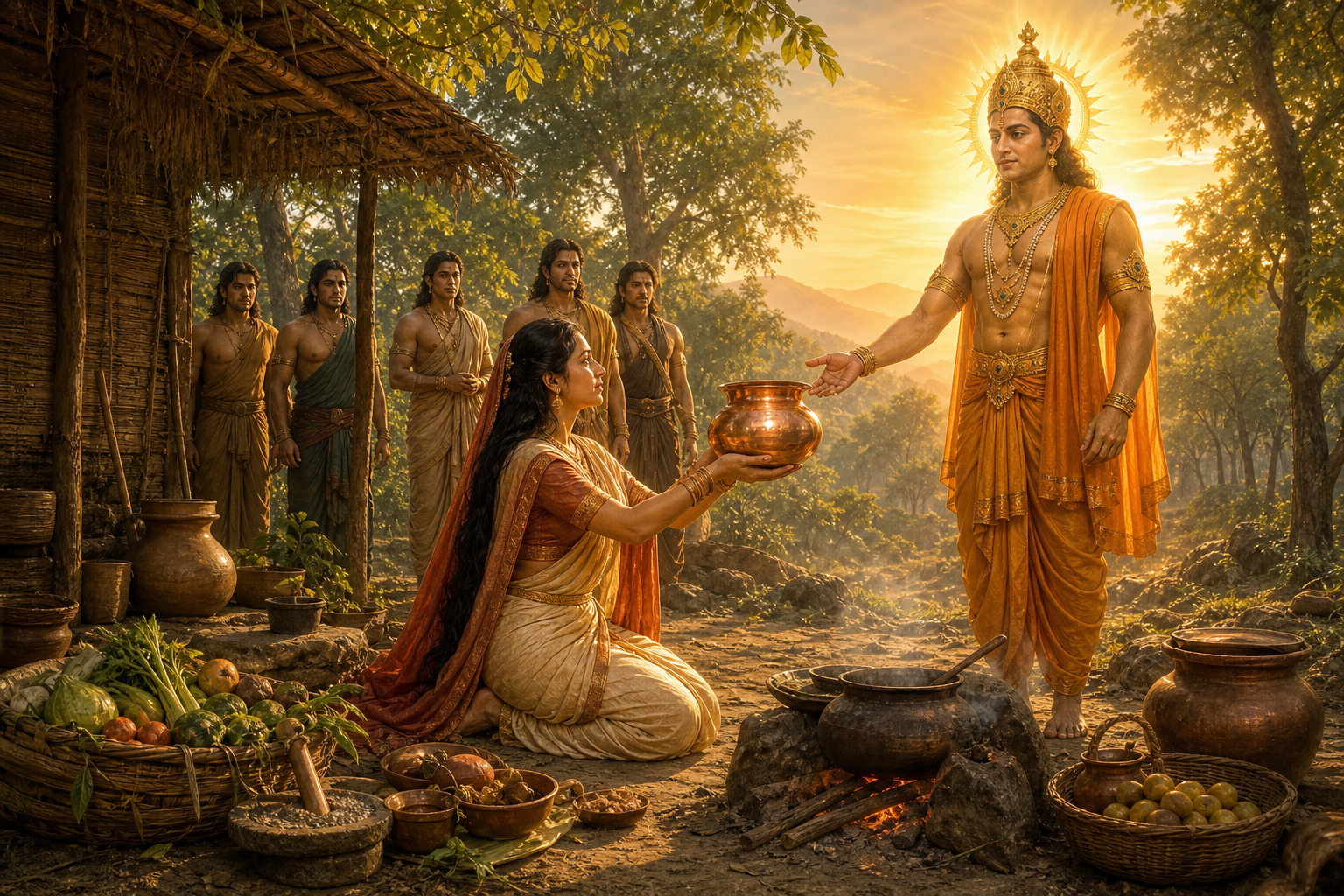 Draupadi receives a shining copper vessel in a forest hermitage as a radiant solar deity raises a hand in blessing.