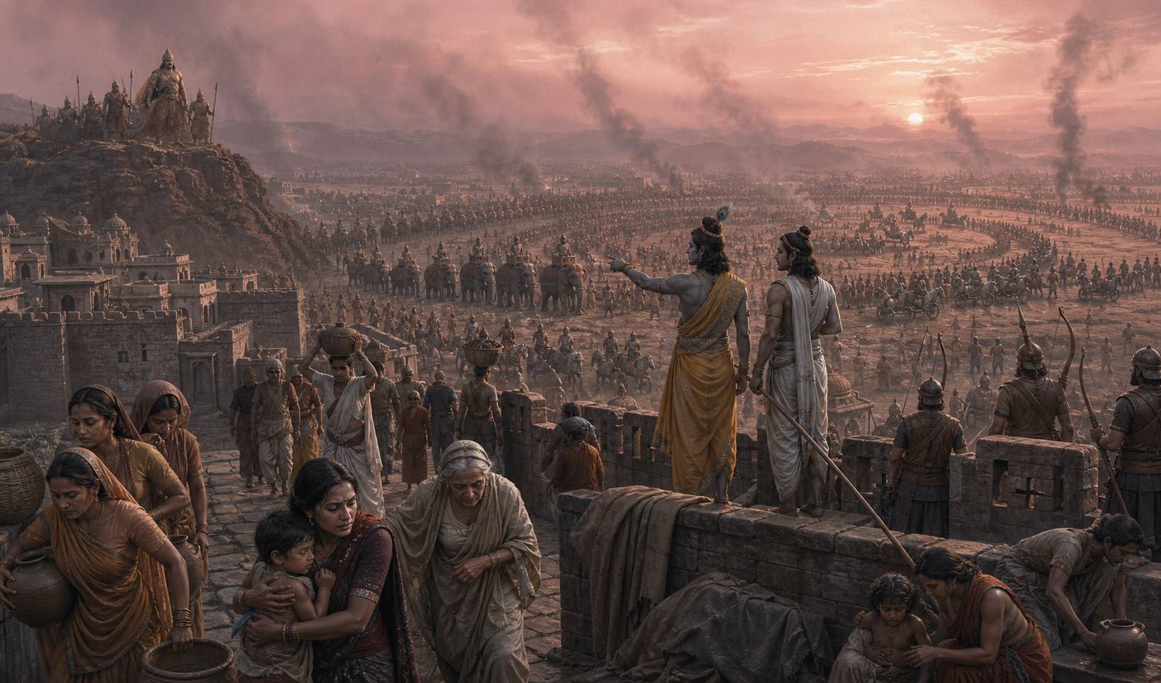 Jarasandha directs a large army outside Mathura while Krishna and Balarama organize the city's defense and civilians move toward shelter.