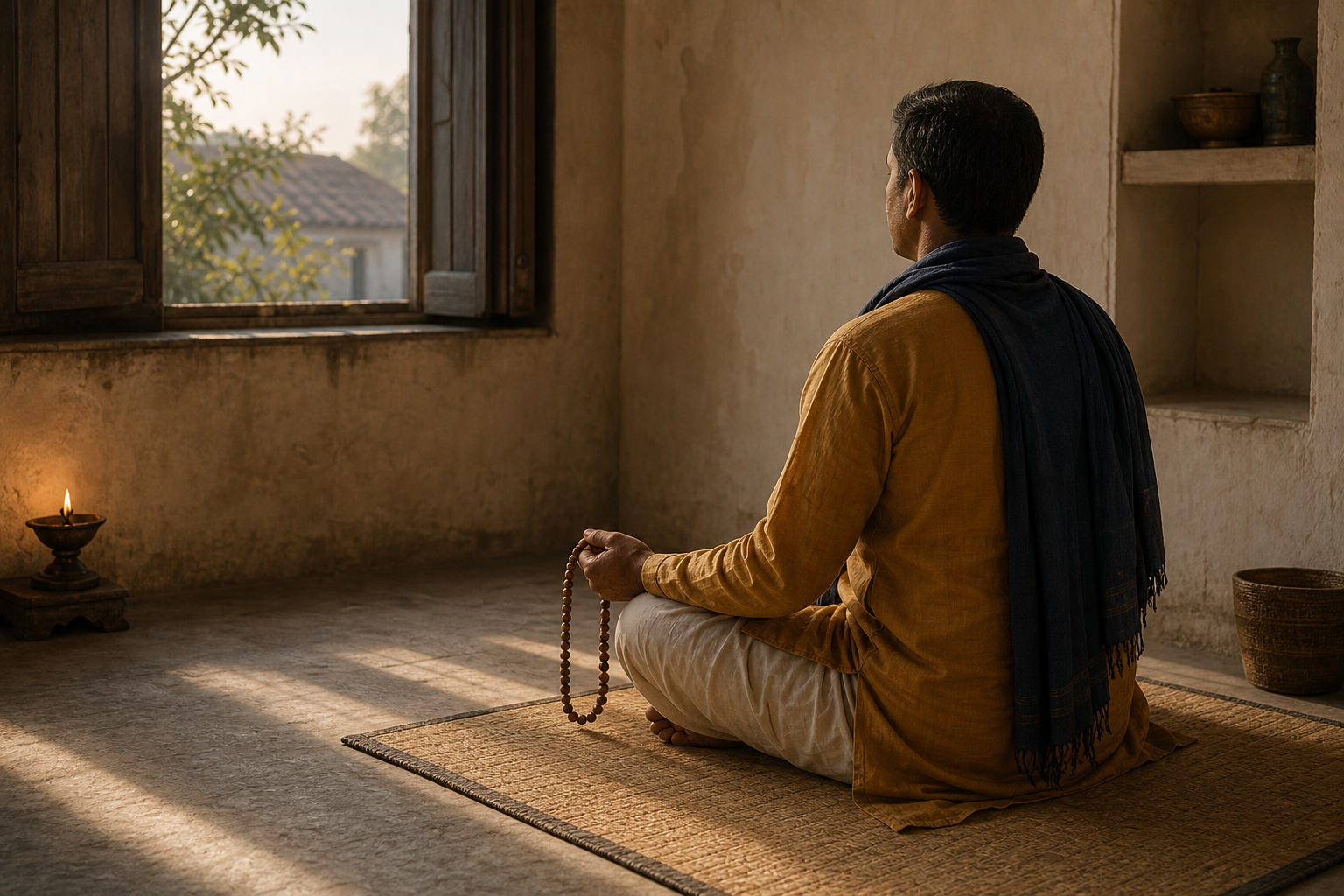 A person sits on a woven mat at dawn holding wooden prayer beads beside a small oil lamp and an open window.