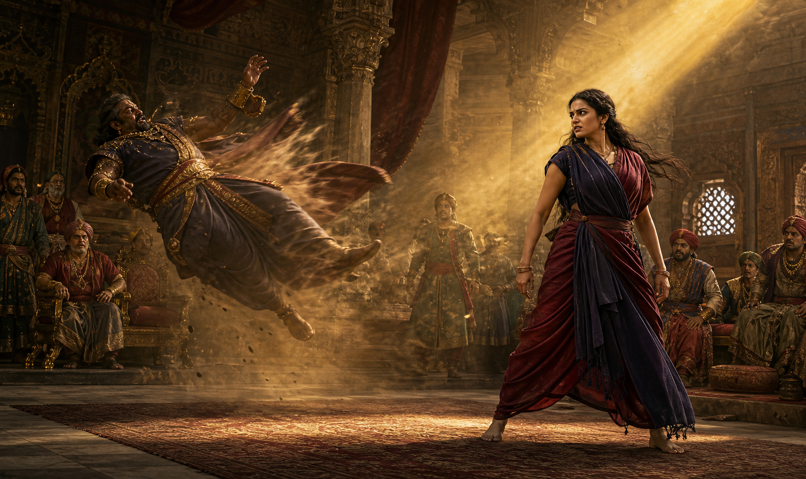 Draupadi stands in Virata's pillared court while Kichaka is thrown backward by an unseen force in a shaft of golden light.