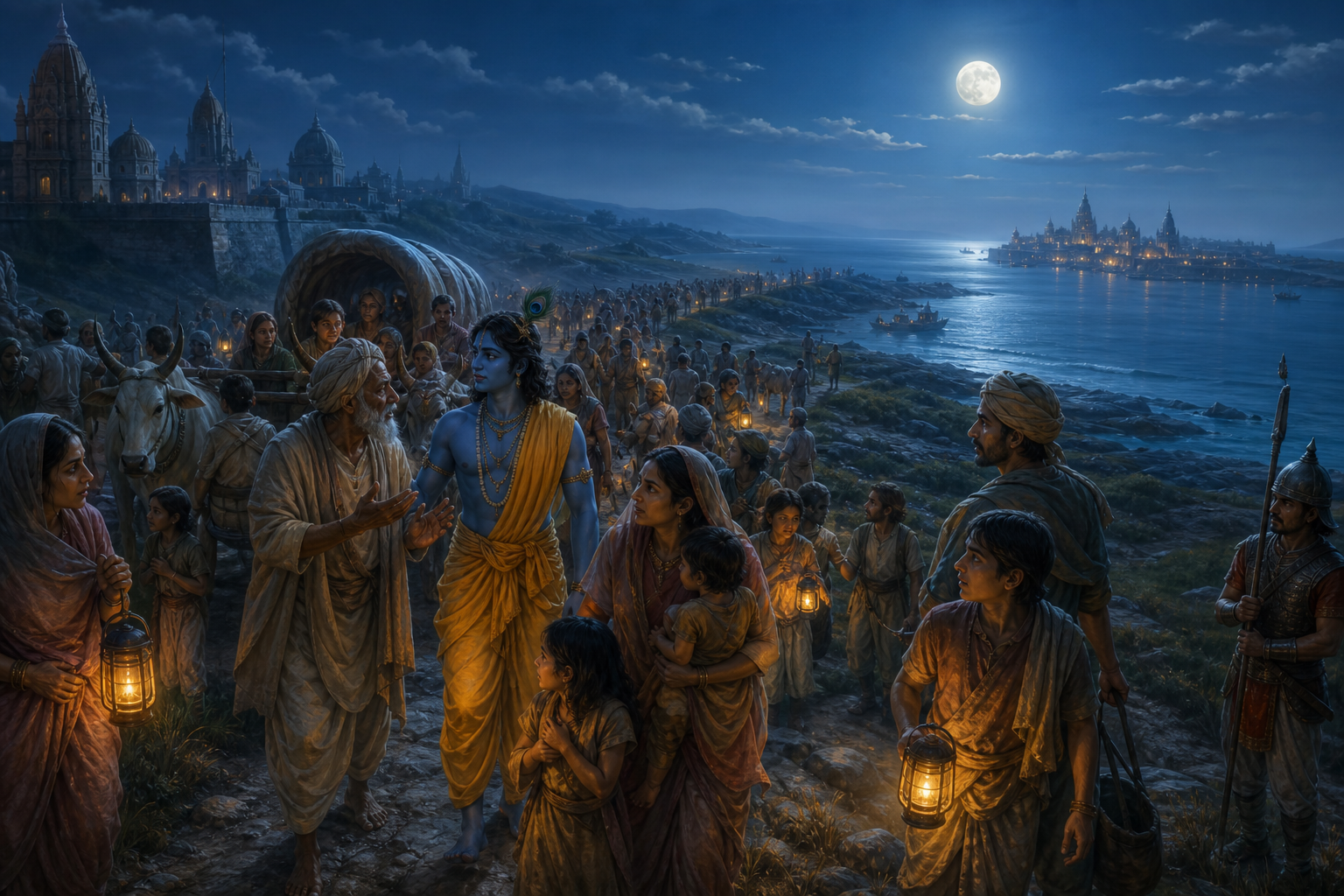 Krishna walks among families, elders, carts, and cattle as they leave Mathura at night and travel toward a protected coastal settlement.