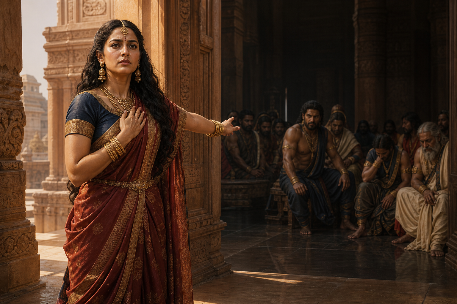 Draupadi gestures firmly from a sunlit palace threshold while Bhima listens and court figures remain in shadow behind her.