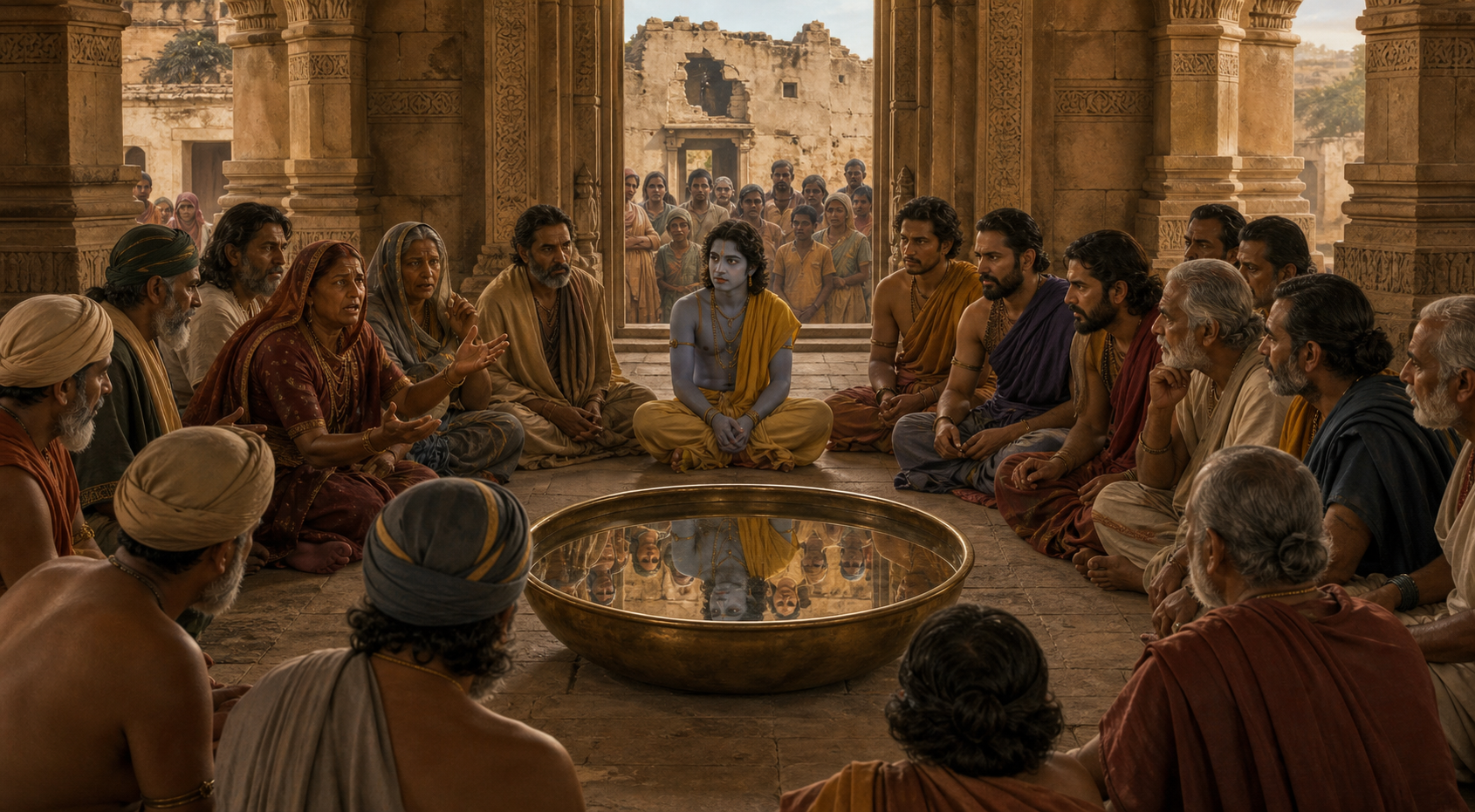 Krishna listens to citizens and defenders seated in a circular council chamber as a bronze basin reflects the entire gathering.