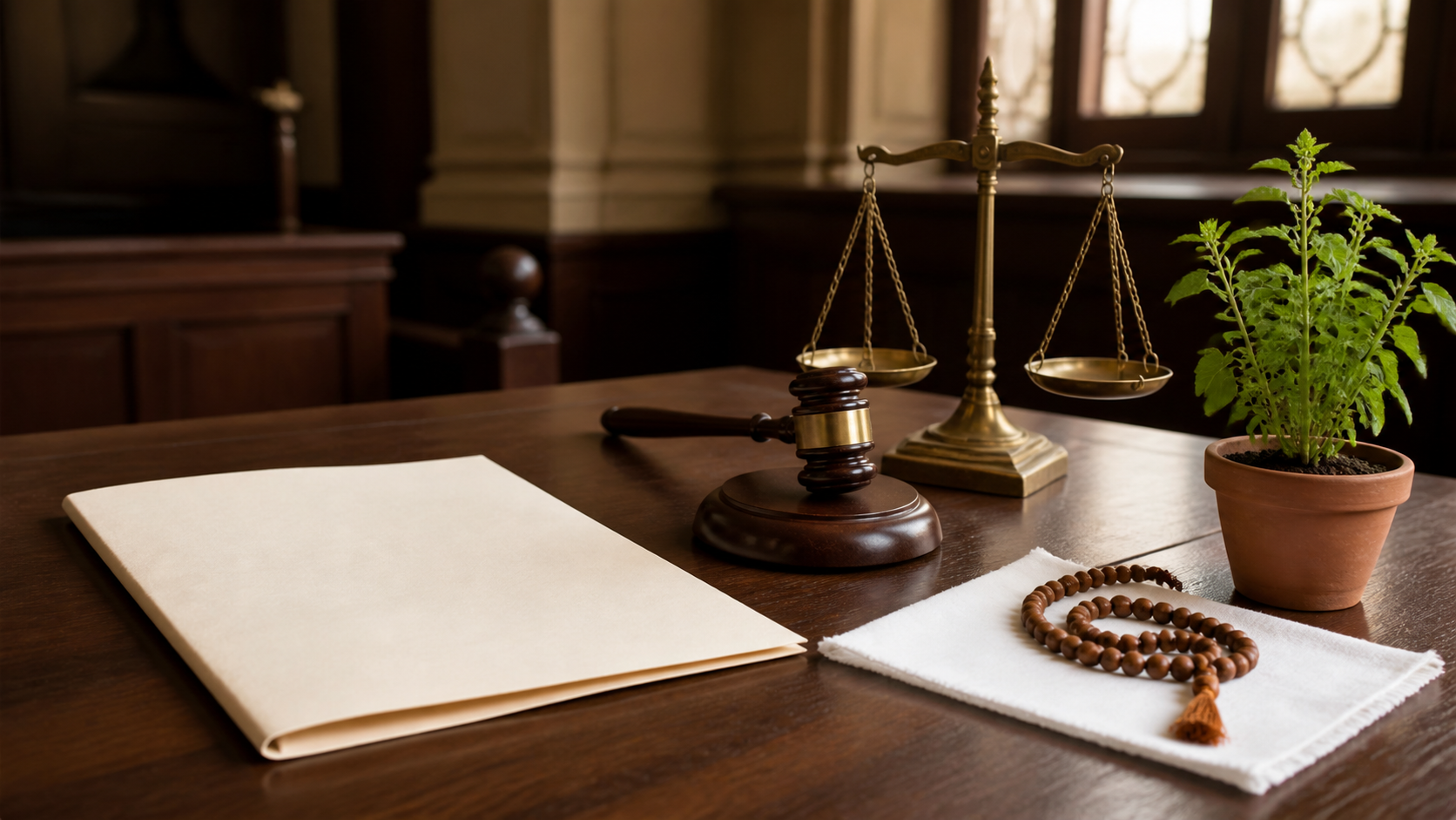 A Tulsi bead mala and holy basil plant sit beside a blank legal document, a gavel, and balanced scales on a courtroom desk.