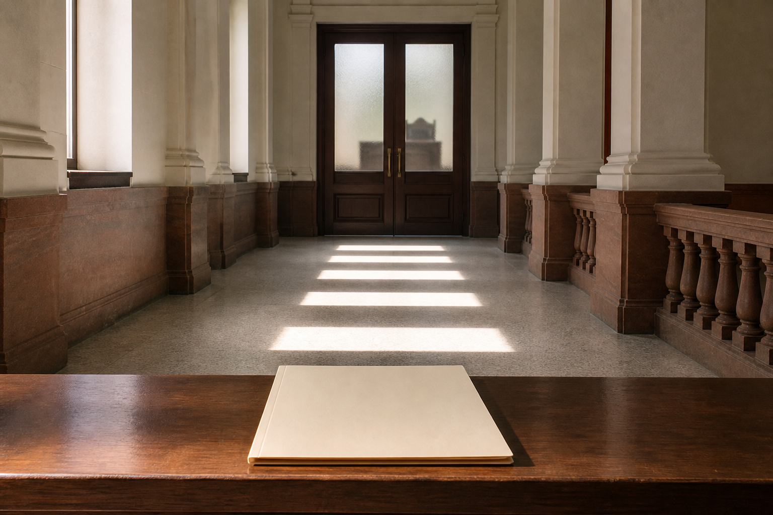An empty courthouse corridor leads toward a closed courtroom, with a blank case folder resting on a wooden bench.
