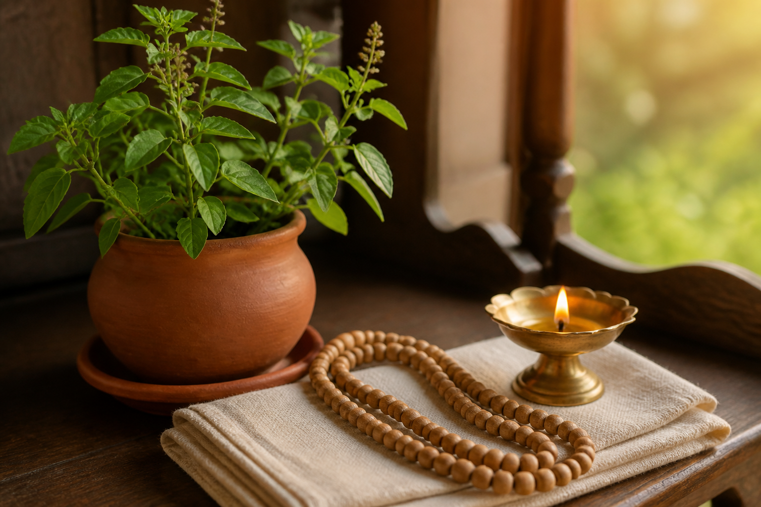 A natural Tulsi bead mala rests on folded cotton beside a holy basil plant and a small lit brass lamp.