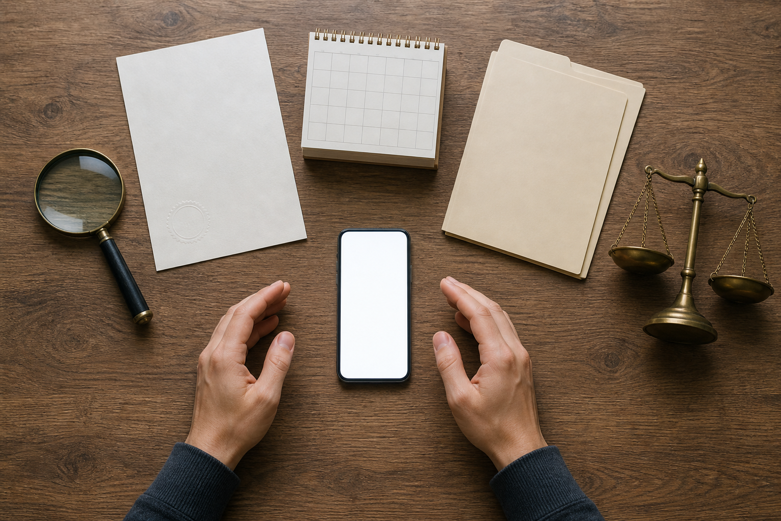 Hands pause above a blank-screen smartphone surrounded by a magnifying glass, blank court paper, calendar, source folders, and balanced scales.