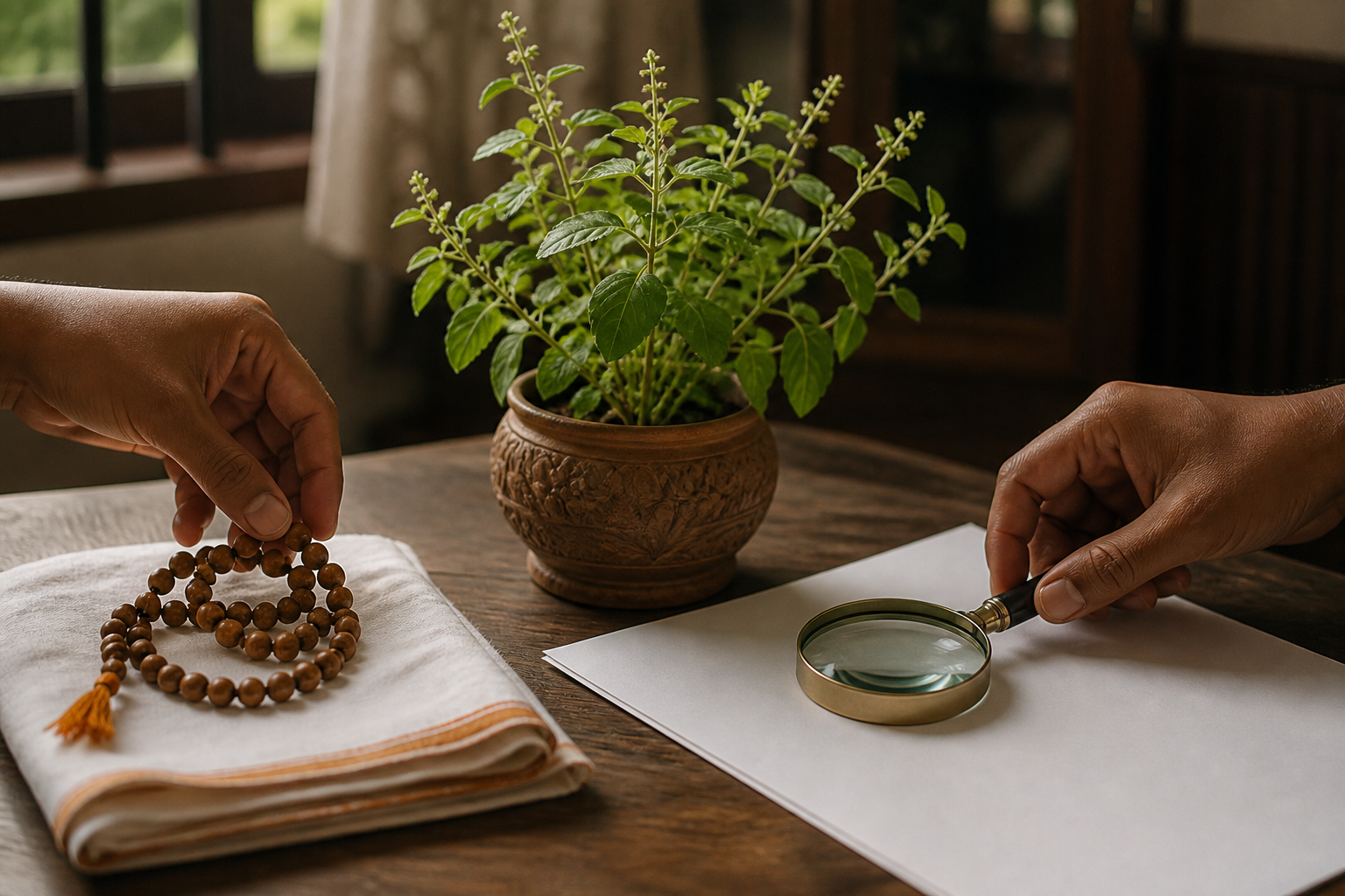 Two hands respectfully arrange a Tulsi mala and a magnifying glass beside a blank legal document and a holy basil plant.